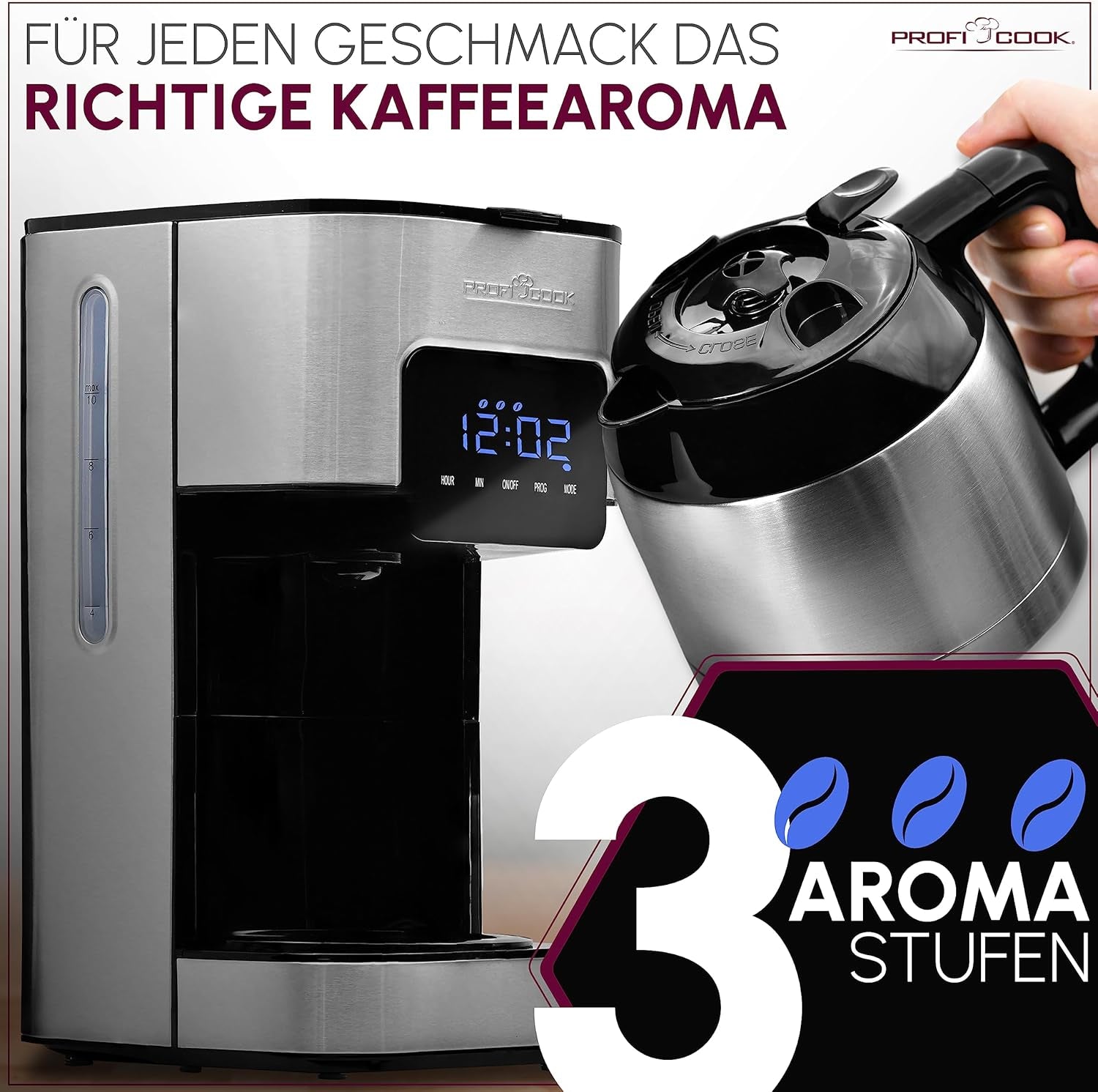 Machine à café Profi Cook | 8-10 tasses | Minuterie | Commandes tactiles à capteur | Carafe thermos à double paroi de 1,2 litre | Sceau de saveur | Cafetière filtre en inox | PC-KA 1191