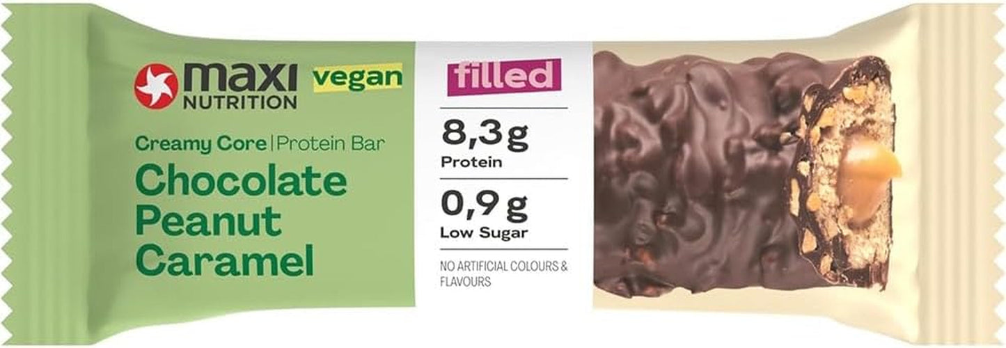 MaxiNutrition Barre protéinée végétalienne crémeuse au chocolat, cacahuètes et caramel 12x45g - barre protéinée végétalienne, 18% de protéines, 8,3 g par barre, faible teneur en sucre (0,9 g), sans sucre ajouté, sans arômes artificiels