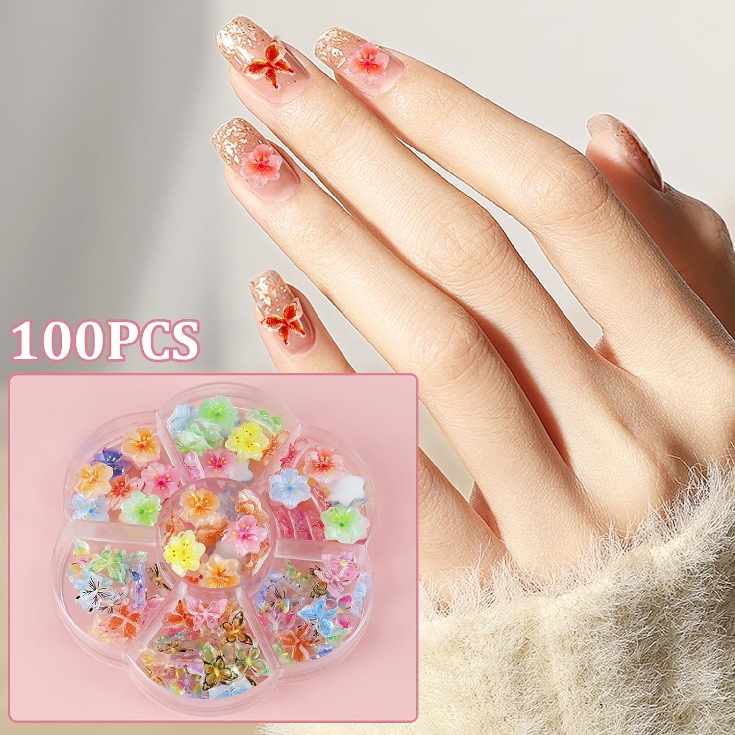 YICH Nail Charms Nägel Charms 50Pcs Fleurs 3D + 50Pcs 3D Schmetterling, Summer Nägel Deko Set Schmetterling/Fleurs Nail Art Nailart