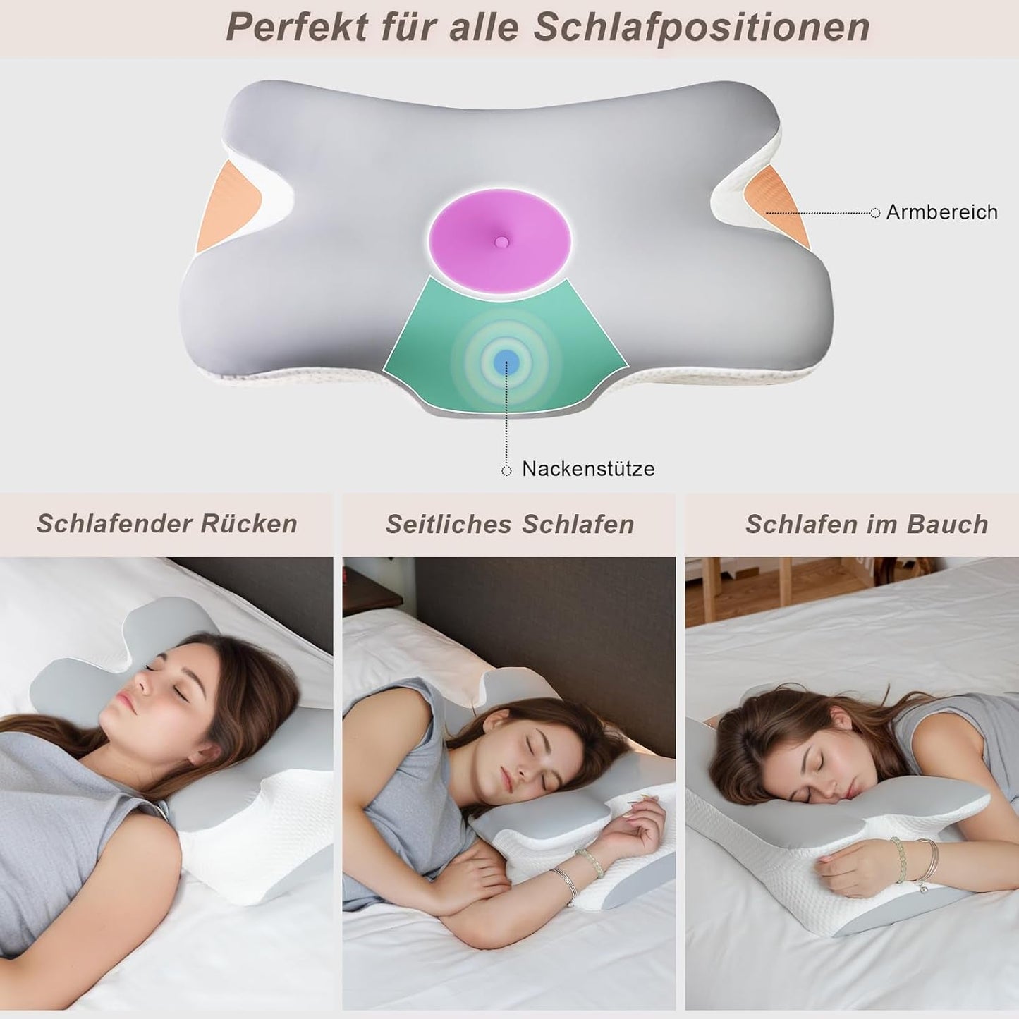 Oreiller cervical Oreiller orthopédique pour la tête Oreiller en mousse à mémoire de forme Oreiller à impact latéral - Conception ergonomique Forme creuse pour les impacts latéraux, dorsals et abdominaux Oreillers orthopédiques cervicaux gris clair Naty Shop