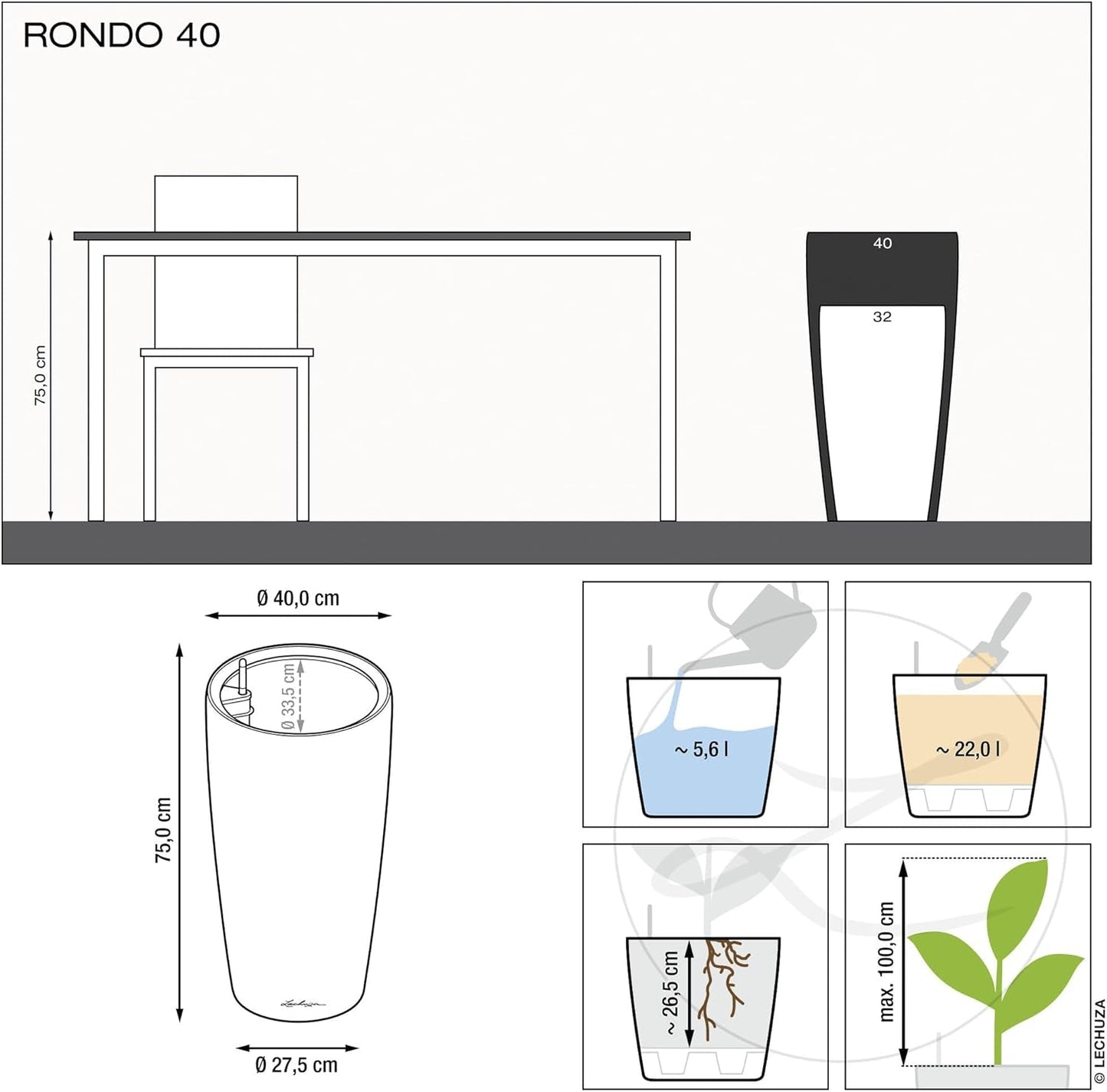 Jardinière LECHUZA Rondo Premium 32 Blanc Mat | Colonne végétale avec système d'arrosage, indicateur de niveau d'eau et insert pour plantes | Finition mate | Ø 32,5 x 56,5 cm | 15786