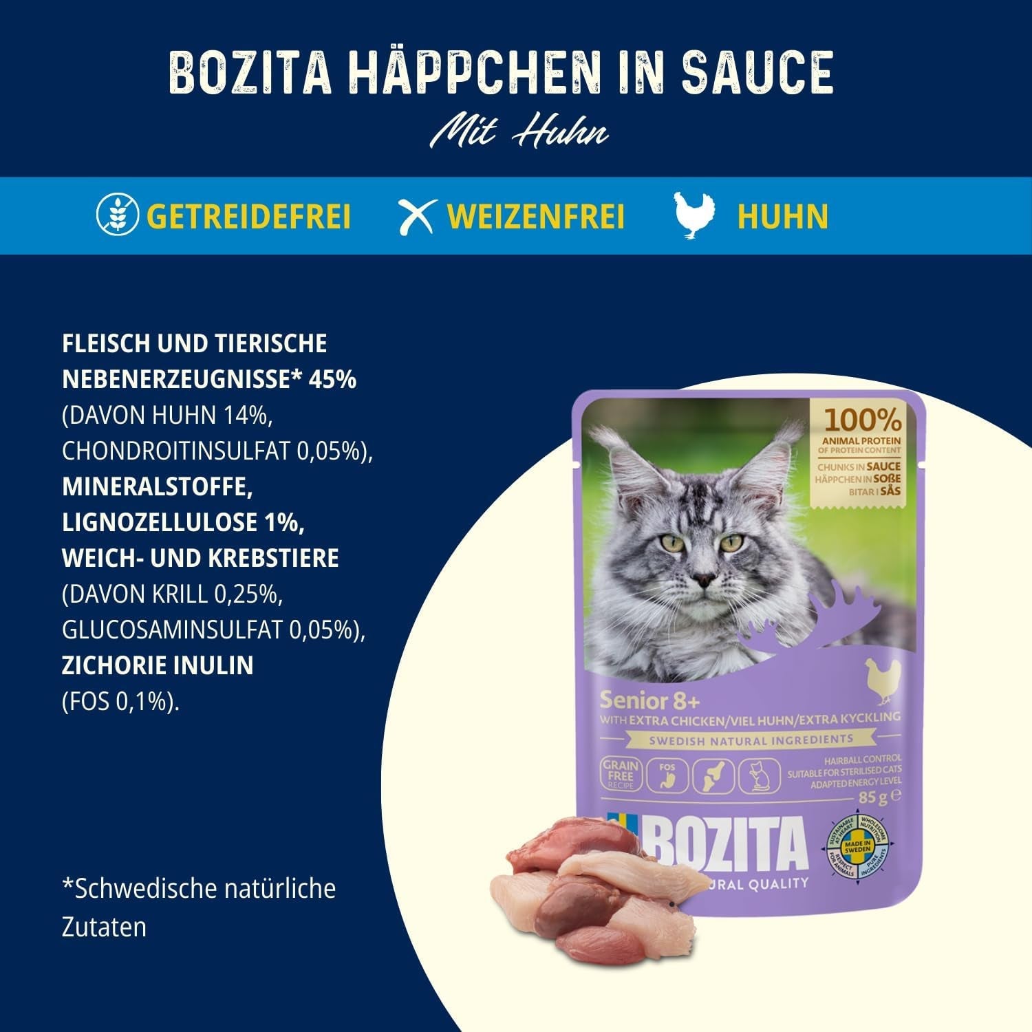 Bozita Senior 8+ Mound nourriture humide pour chat avec des céréales et beaucoup de poulet - 12 sachets x 85g, nourriture humide pour chat sans céréales ni blé - Nourriture humide pour chat avec 8,5% de protéines et 4,5% de matières grasses