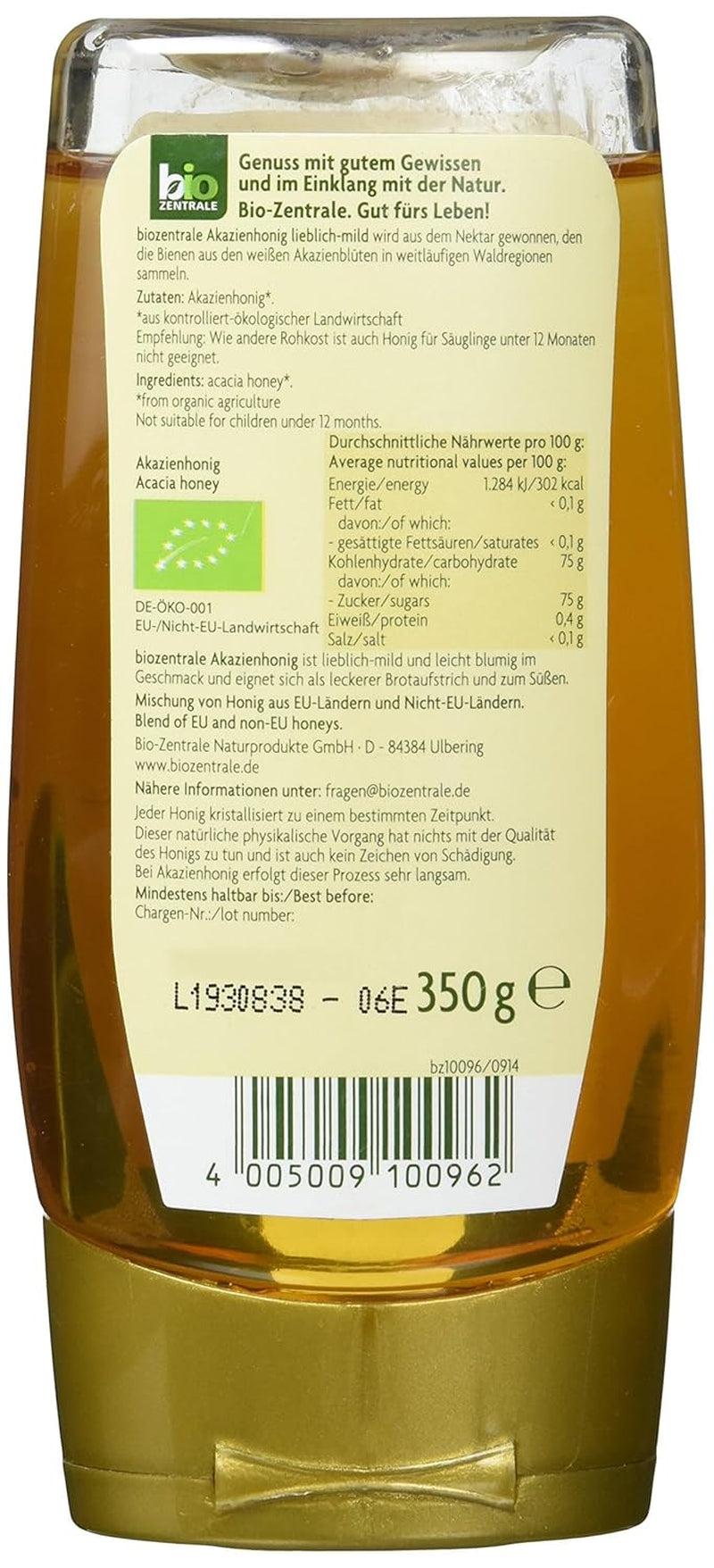 Biozentrale Miel d'acacia biologique | 350 g Miel Bio de fleurs d'acacia blanc | Idéal en tartinade Miel bio pour le thé | Alternative au miel en nid d'abeille (pack de 2)