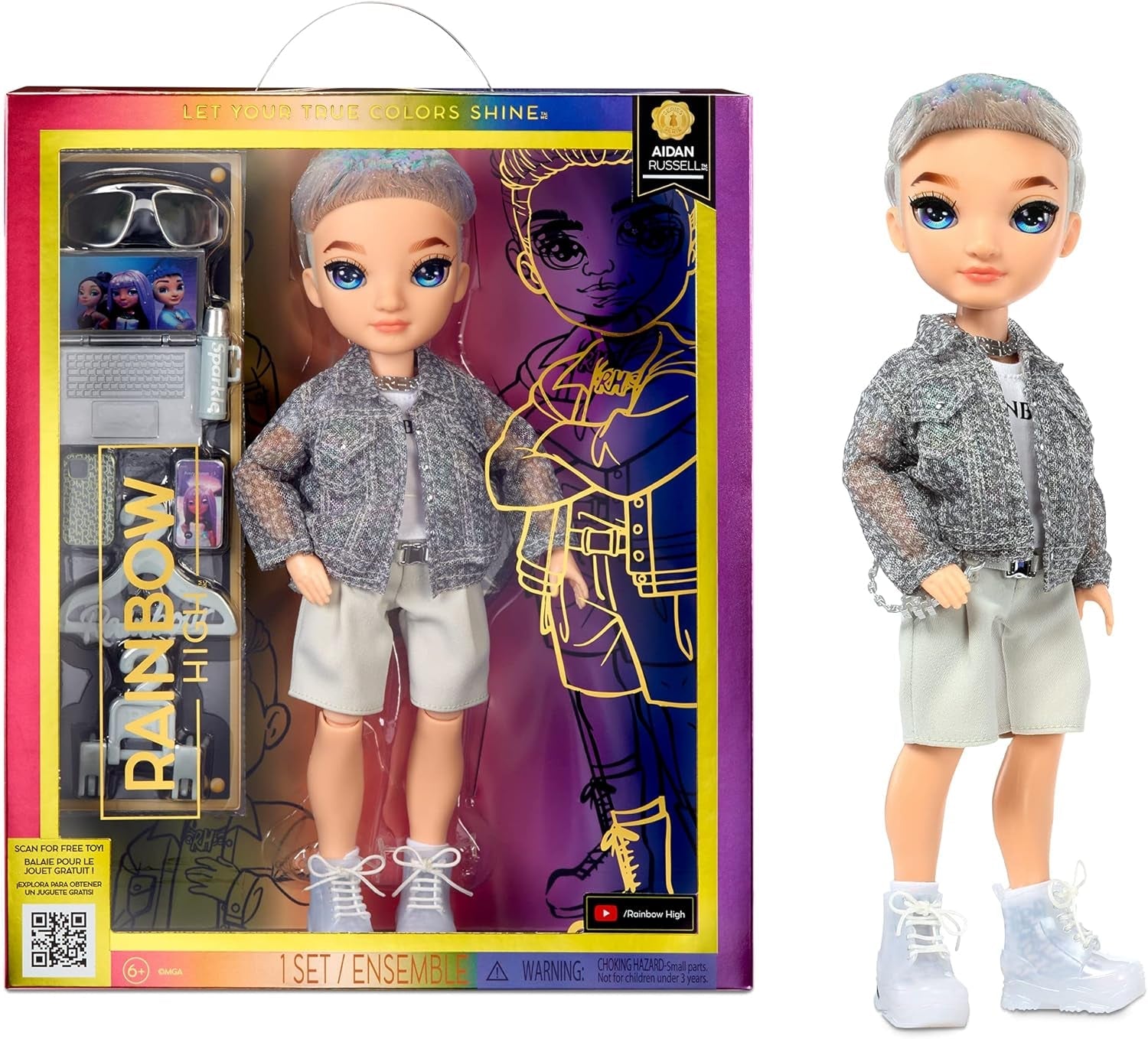 Poupée Rainbow High Fashion - Aidan Russell - Poupée Purple Boy - Tenue à la mode et plus de 10 accessoires de jeu colorés - Pour collectionneurs et enfants de 4 à 12 ans