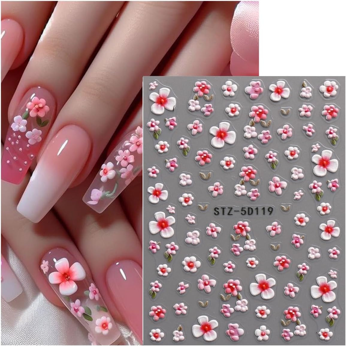JMEOWIO 3D Nail Art Autocollant Fleur Nail Art Autocollant Selbstklebend Nagelaufkleber 5D Stéréoscopique Frühling Sommer Floral Décoration Nageldesign Zubehör 4 Blatt