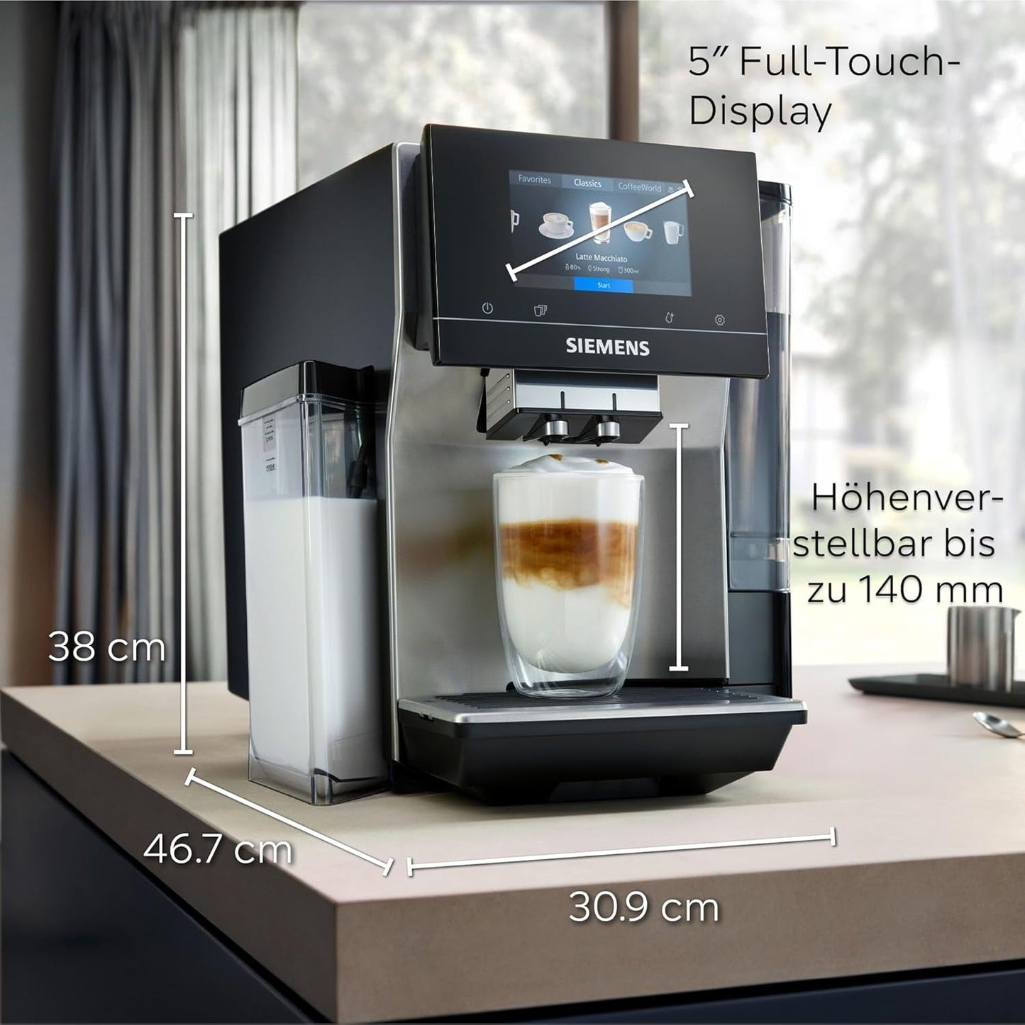 Machine à expresso entièrement automatique Siemens EQ700, grand écran TFT couleur, 36 boissons chaudes et froides, infusion froide, fonction 2 tasses, contrôle par application, système de nettoyage automatique, acier inoxydable noir, TQ717D03