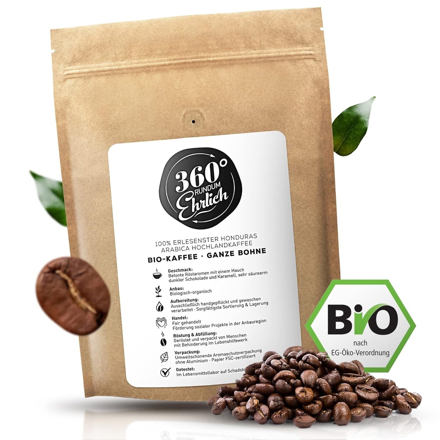 Premium Bio Kaffeebohnen 1000g, 100% Honduras Hochland Arabica Kaffeebohnen Bio - Köstlich, doux, sans danger - Bio Kaffee ganze Bohnen - Idéal comme Kaffeebohnen Vollaautomat - 360° Rundum Ehrlich