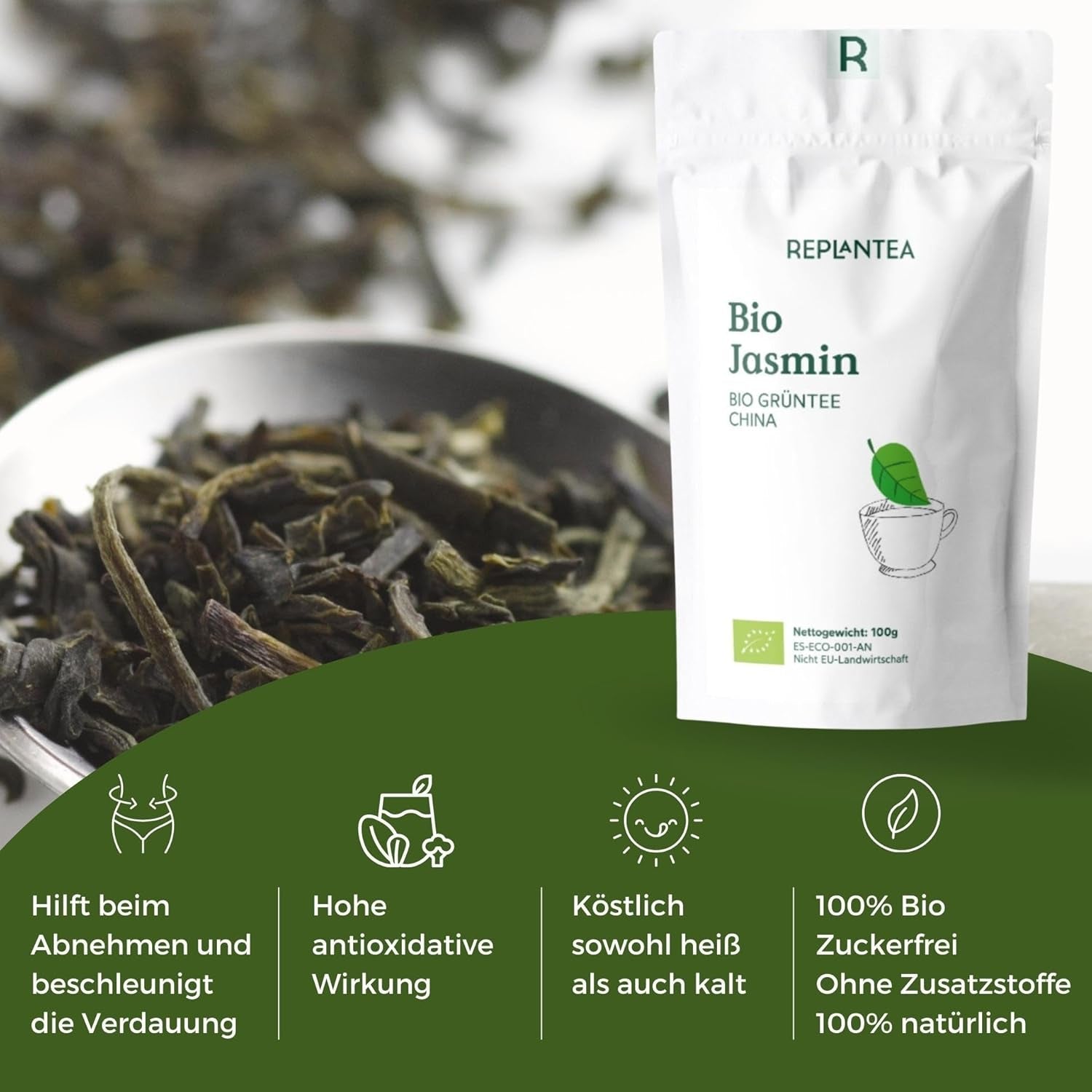 Thé vert bio au jasmin 100 g (50 tasses) | Thé au jasmin de Chine en vrac, qualité biologique REPLANTEA