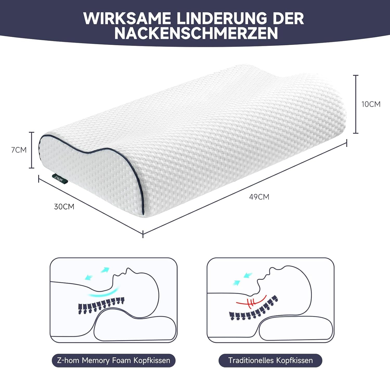 Oreiller de soutien cervical Z-Hom, oreiller en mousse à mémoire de forme, oreiller pour dormeur latéral, oreiller ergonomique, oreiller anti-ronflement, oreiller de couchage orthopédique, housse amovible (49 X 30 X 7/10 cm) Oreillers orthopédiques cervicaux Naty Shop
