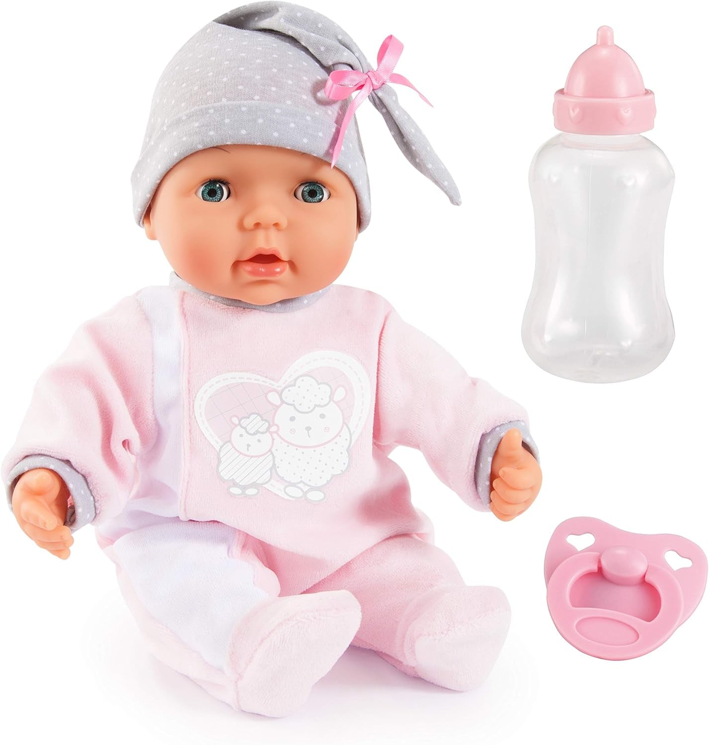 Bayer Design 93829AA Poupée interactive My Piccolina avec fonction, Poupée parlante, Bouge la bouche, 38 cm, Tétine, Biberon, Rose, Gris
