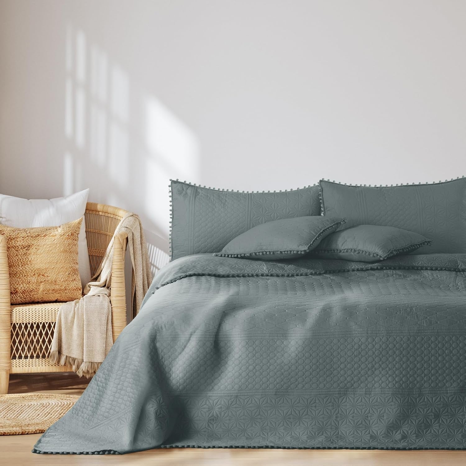 Ameliahome Couvre-lit avec pompons 220X240 Cm Couvre-lit double face Quilting par ultrasons Polyester Meadore Gris Lits et Couvertures Besuche den AmeliaHome-Store Meadore gris 220X240 Cm
