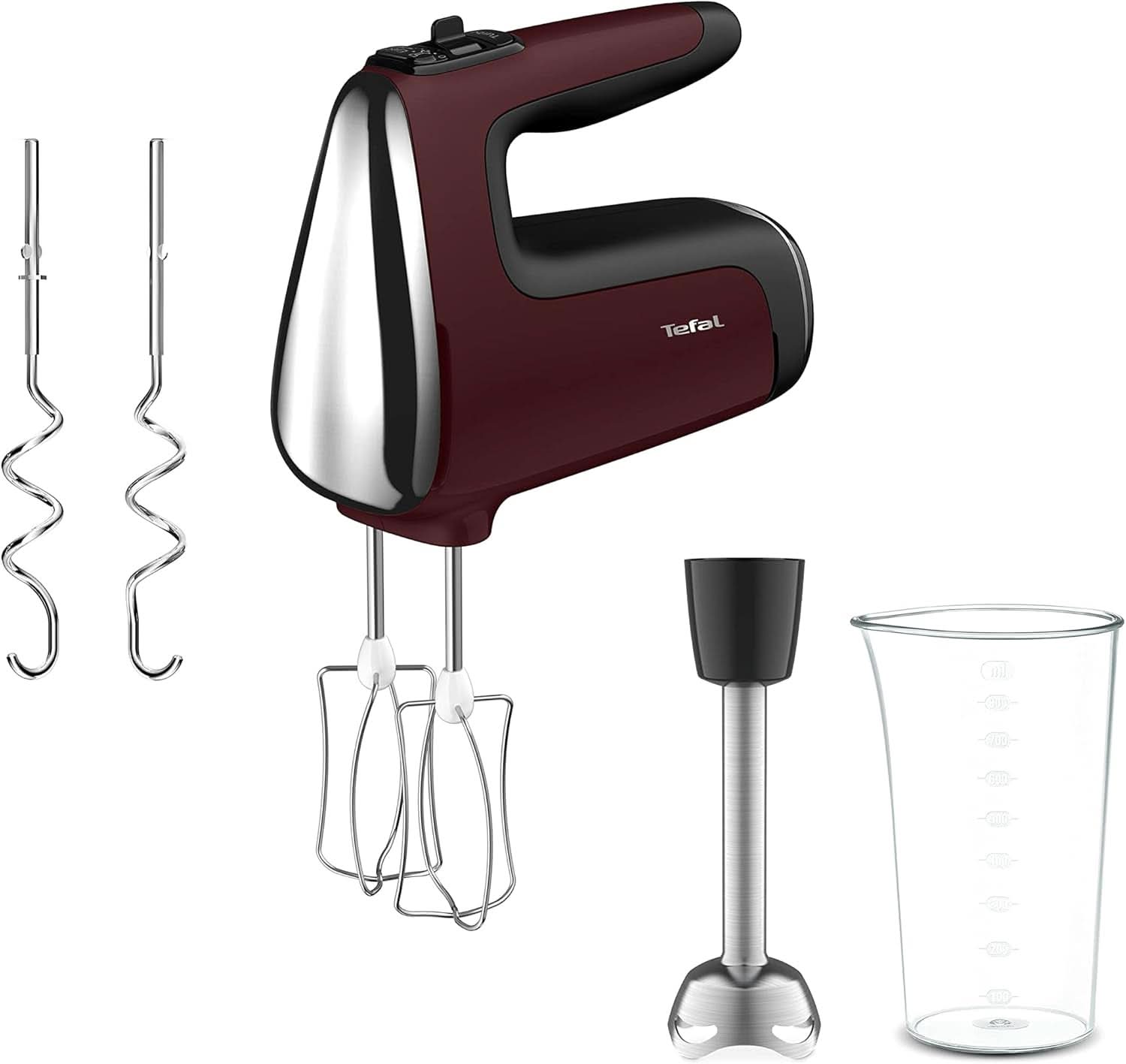 Tefal HT650E Power Mix Silence Batteur à main | 600 watts | Contrôleur de vitesse variable | Fonction Turbo et Auswurf | Moteur de loisirs extrêmes | Incl. 2 Rührbesen et 2 Knethaken | Grau Bucatarie Naty Shop Bundle Avec 2 Schneebesen Und Knethaken
