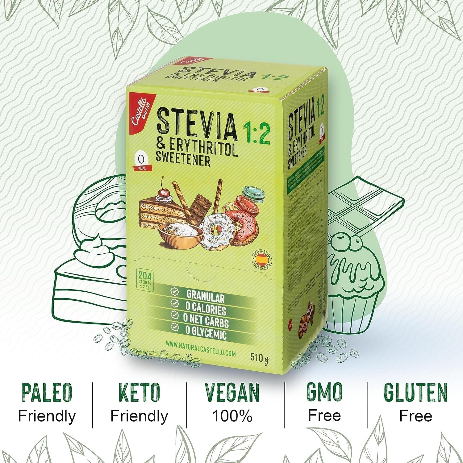 Stevia + Erythritol 1:2 Tissu doux | 204 Sac Mythe 2,5 G | Ingrédients 100% naturels - 0 calories - 0 indice glycémique - Keto et Paleo - 0 Kohlenhydrate - Kein GVO - Castello depuis 1907-510 G Édulcorants Naty Shop