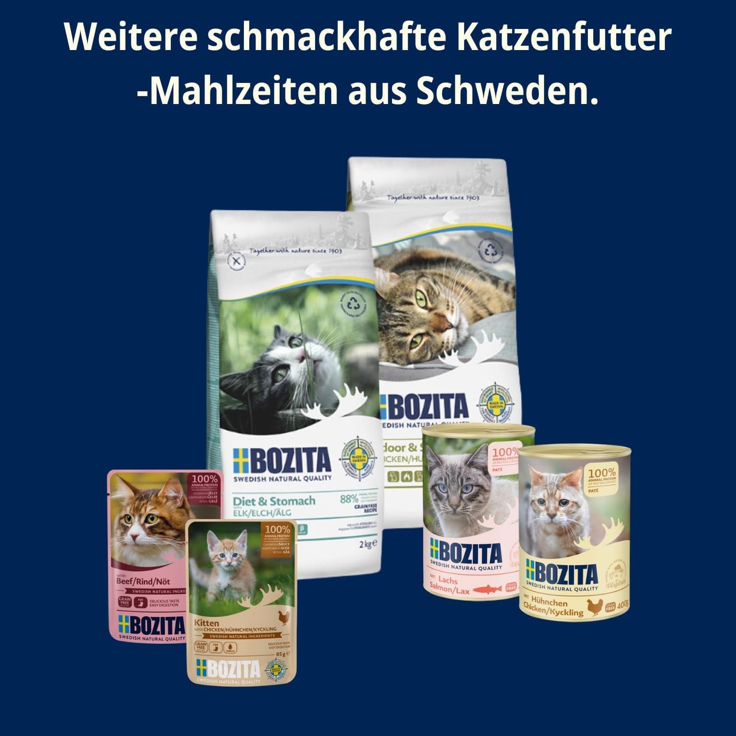 Pack d'essai Bozita Tetra en sauce avec beaucoup de poulet, charbon de bois et beaucoup de poulet et de bœuf en gelée - 4+2-6x370g Aliment sans céréales et sans sucre pour chats stérilisés avec 7,5% de protéines et 5% de matières grasses