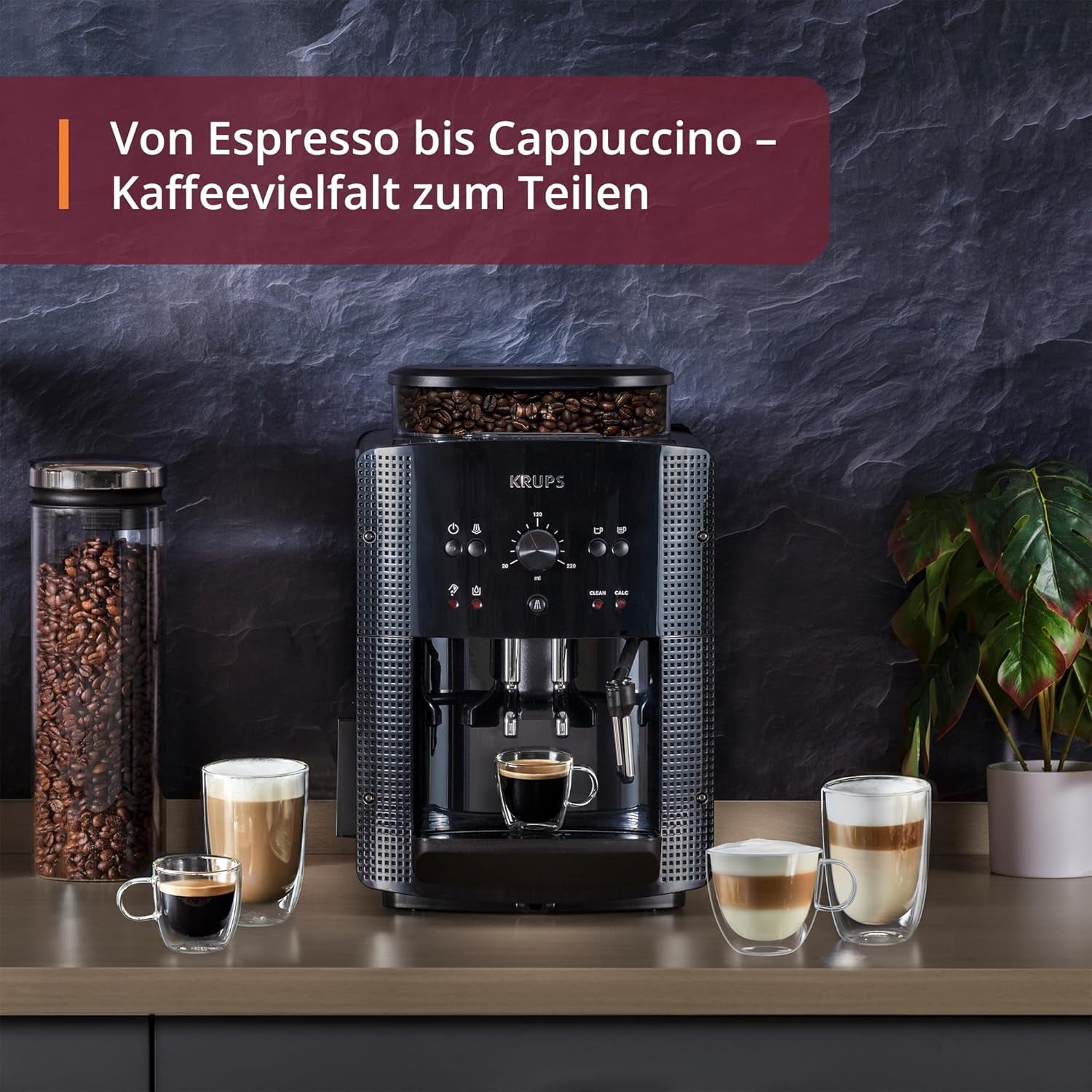 Machine à expresso automatique KRUPS Arabica Picto, design compact, facile à utiliser, commande rotative intuitive réglable, mousseur à lait, fonction 2 tasses, machine à expresso, noir, EA810870