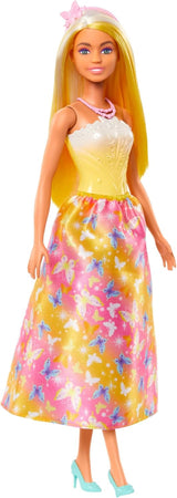 Poupée Barbie Royale avec cheveux fantaisie avec mèches colorées, accessoires colorés, haut jaune dégradé et jupe papillon, HRR09 Naty Shop Dolls Titre par défaut