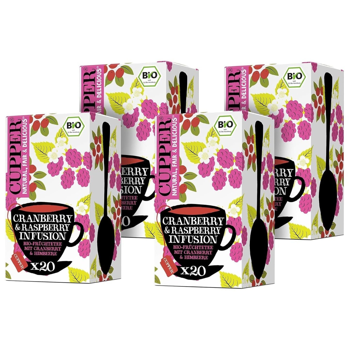 4Er Pack CUPPER Thé aux Fruits Bio "Infusion Canneberge & Framboise", 4X20 sachets de thé non blanc, bio, commerce équitable