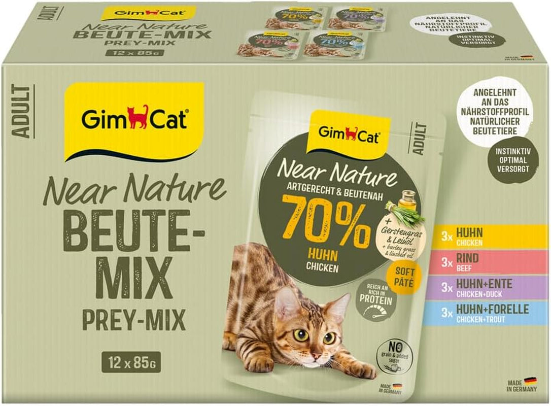 GimCat Near Nature Trial Mix 12 Pack - Aliment humide sans céréales pour chats à partir de 7 mois avec une recette adaptée à l'espèce et à la proie - 12 sachets (12 x 85 g)