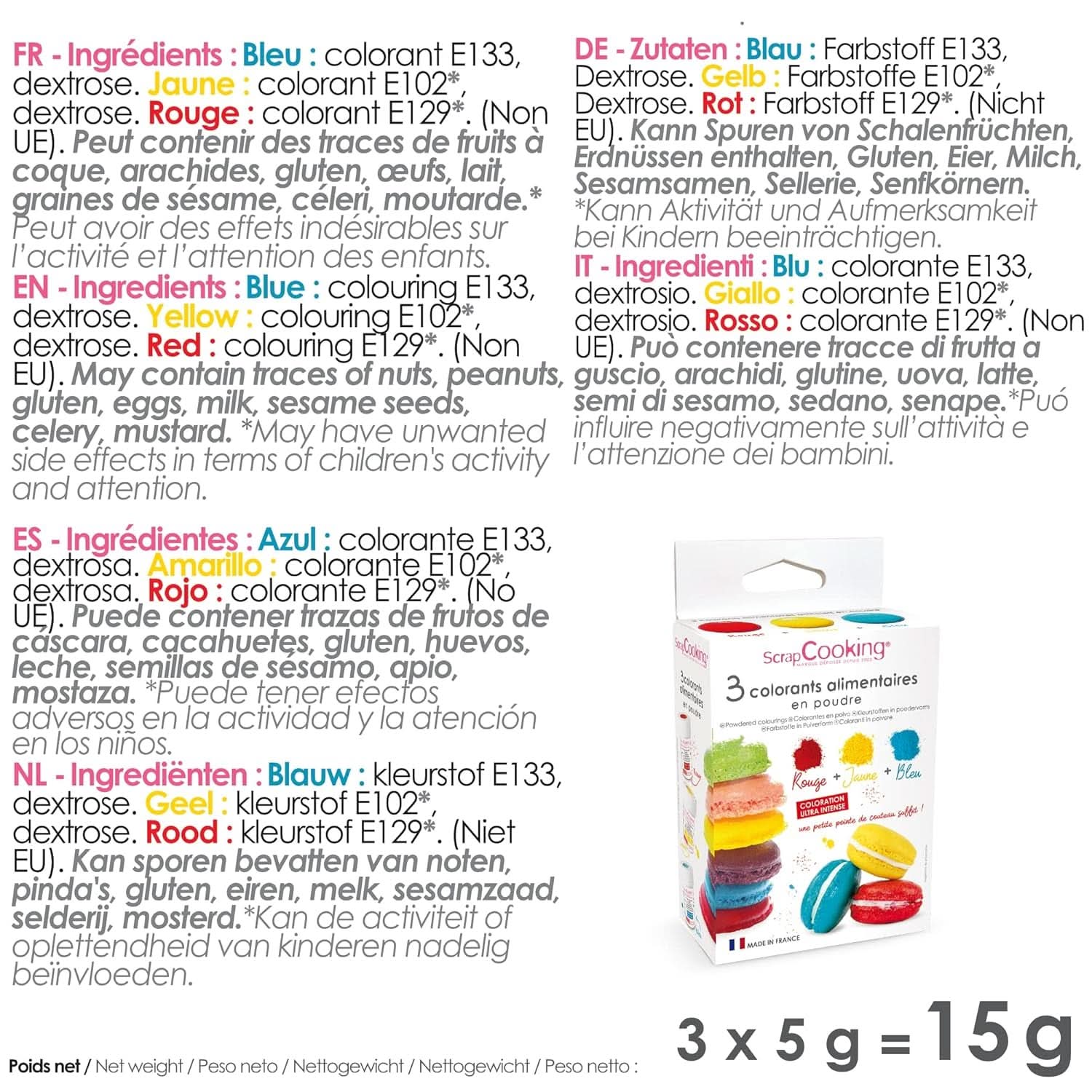 ScrapCooking, Lot de 3 colorants alimentaires en poudre - rouge, jaune, bleu, 3 x 5 grammes Naty Shop