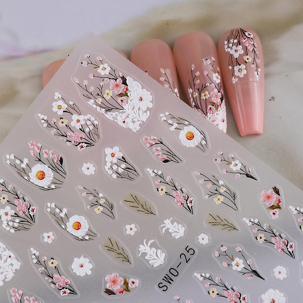 Autocollants pour ongles fleur de prunier, autocollants pour ongles fleur rose blanche, autocollants pour ongles fleur en relief, autocollants pour ongles fleur printemps été, dessins d'ongles, accessoires pour ongles, art des ongles