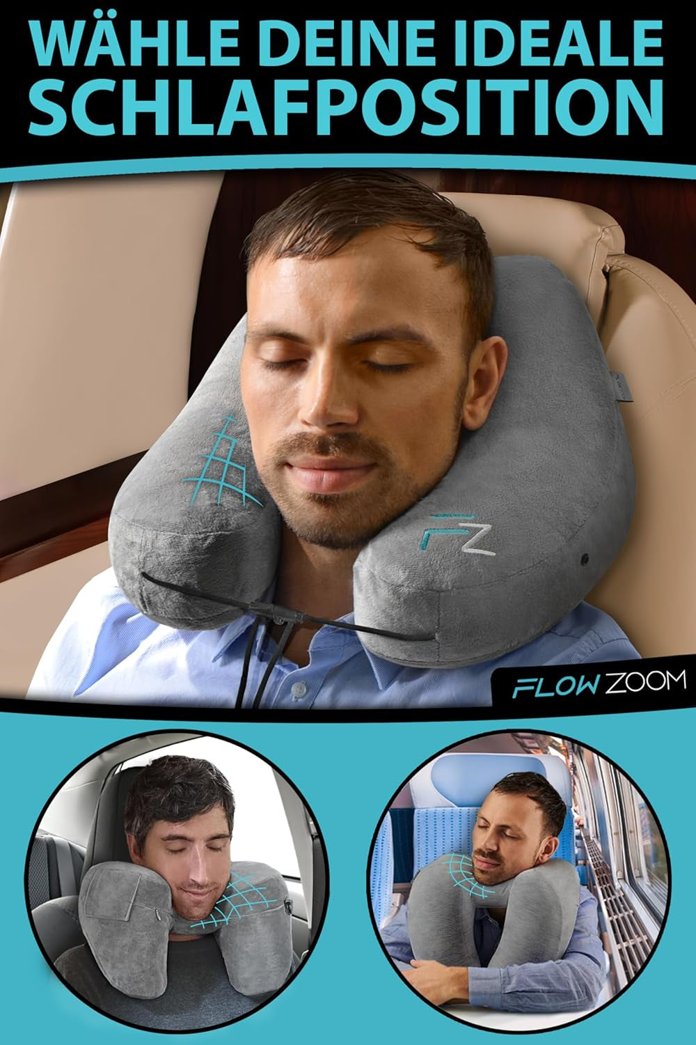 FLOWZOOM AIR Oreiller Cervical Gonflable avec Capuche - Oreiller Cervical Avion - Oreiller de Voyage - Oreiller Cervical Gonflable Rapide - Oreiller Avion - Oreiller de Voyage - Oreiller Cervical pour Adultes (Gris) Oreillers Cervicaux Orthopédiques Naty Shop