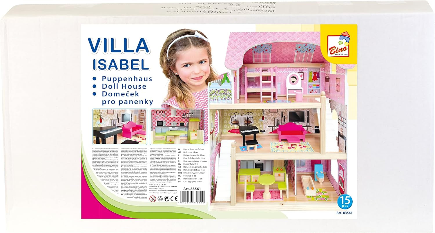 Bino World of Toys Maison de poupée avec balcon, jouet pour les tout-petits à partir de 3 ans, avec 3 étages, escaliers, 4 pièces et balcon incl. 15-TLG. Accessoires, Pour promouvoir les compétences des enfants, Maisons de poupées design rose Naty Shop