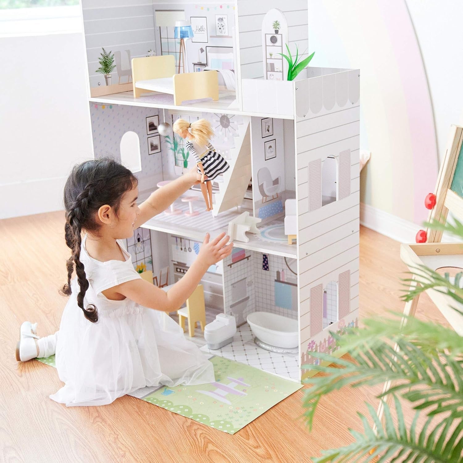 Teamson Kids Maison de poupée géante Olivia's Little World avec 16 accessoires de poupée, maison de poupée en bois avec meubles, 3 étages, maison de poupée 30 cm pour enfants, à partir de 3 ans