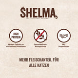 Shelma Nourriture humide pour chats Megapack au bœuf, dinde, poulet et canard - Aliment complet sans céréales à haute teneur en viande - 40 x 85 g (3,4 kg)