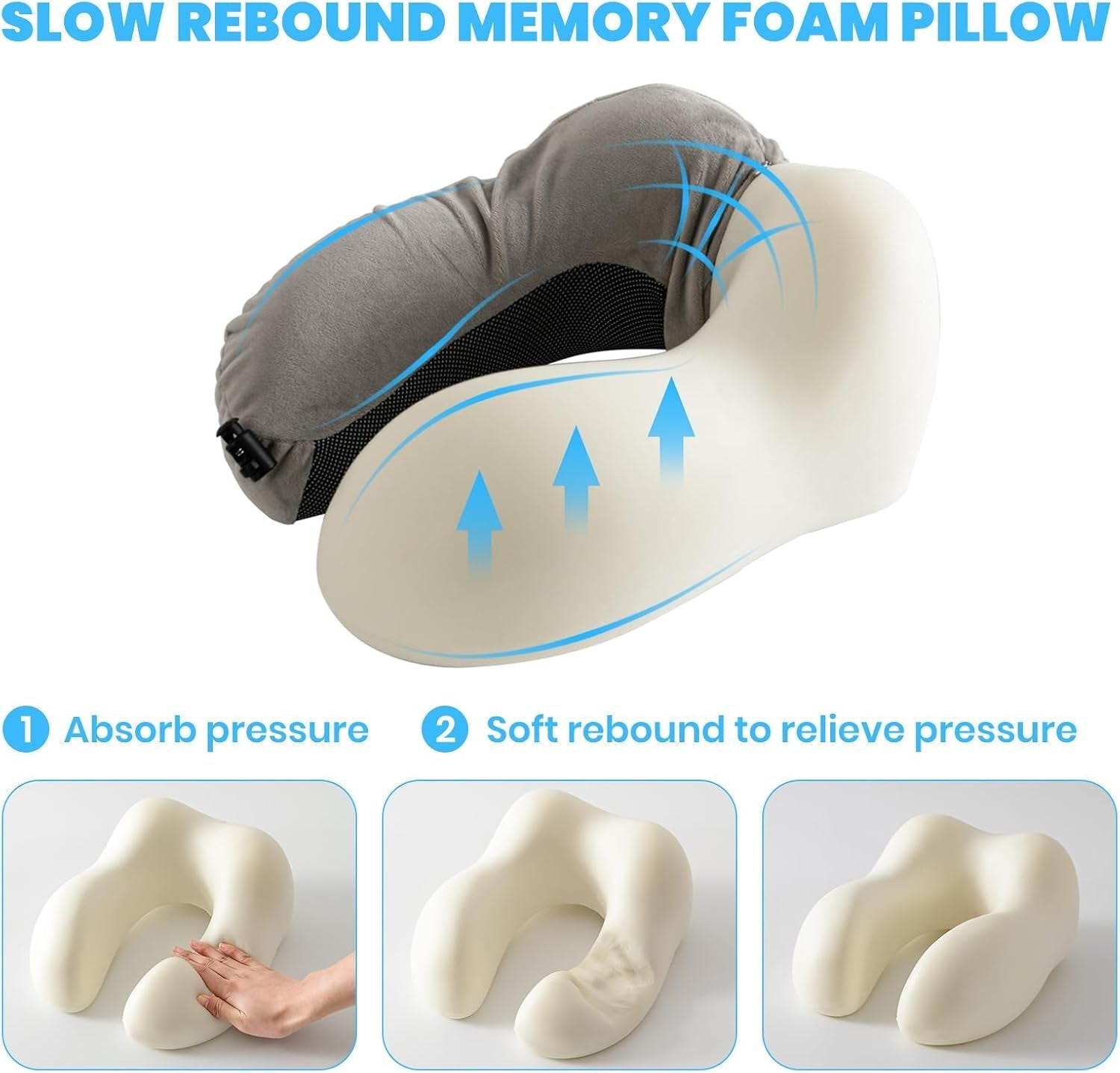 Oreiller cervical, oreiller cervical d'avion, oreiller de voyage, oreiller cervical pour adulte, oreiller cervical de voiture, oreiller de maison, oreiller ergonomique en mousse à mémoire de forme, lavable à dos étroit, réglable, gris