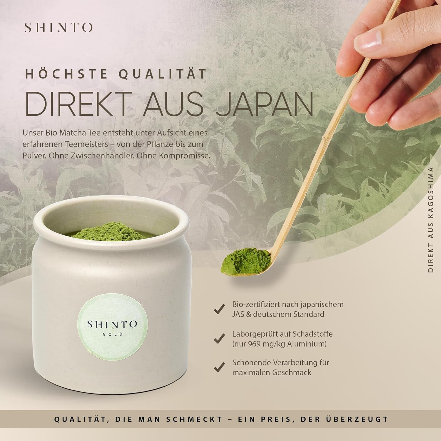 Shinto – Thé Matcha biologique « Gold » – Poudre de thé vert de qualité cérémonielle – Certifié JAS et EU BIO – Ombragé et cueilli à la main – Importation directe d'Uji, Japon – 30 g