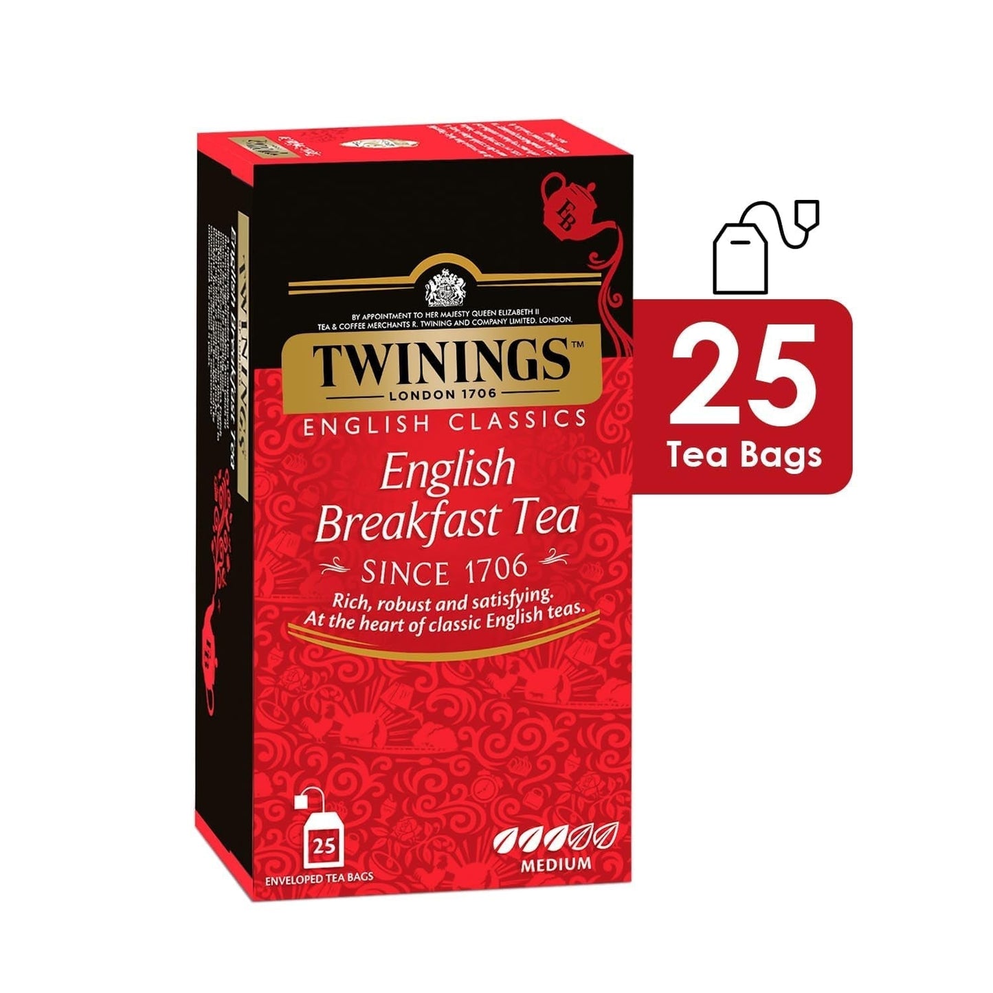 Thé Noir Twinings English Breakfast 50 g, 25 sachets de thé, thé noir ample, rond et fort issu des meilleures plantations de thé du Sri Lanka et d'Inde. Thé noir Paquet de 1 (1 x 50 g)