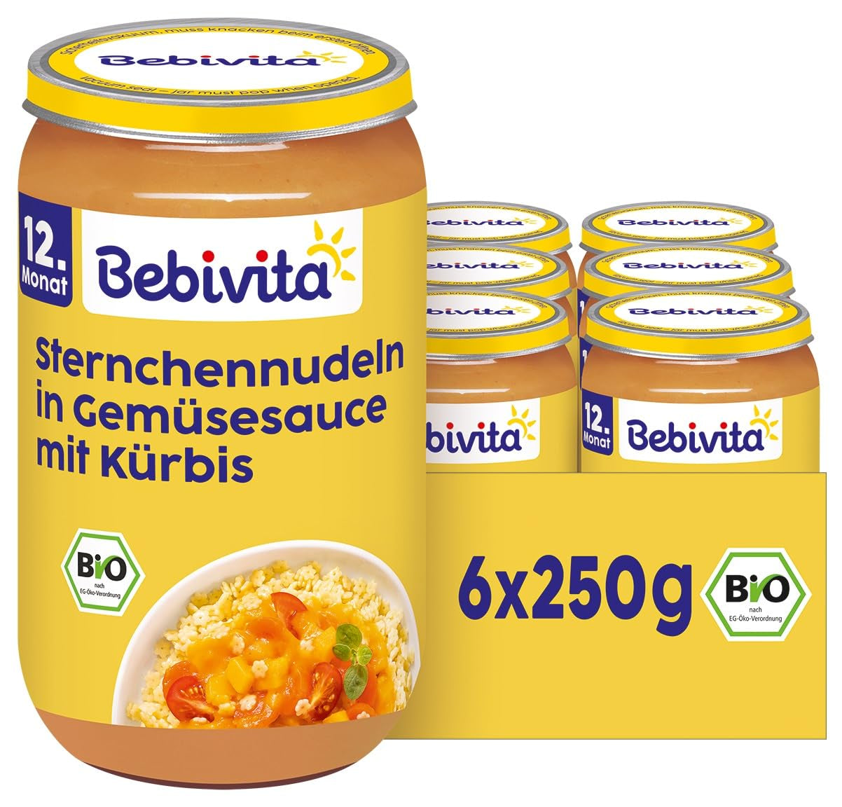 Plats à partir de 12 mois : Pâtes en forme d'étoile sauce potiron et légumes, 250 g, paquet de 6 (6 x 250 g)