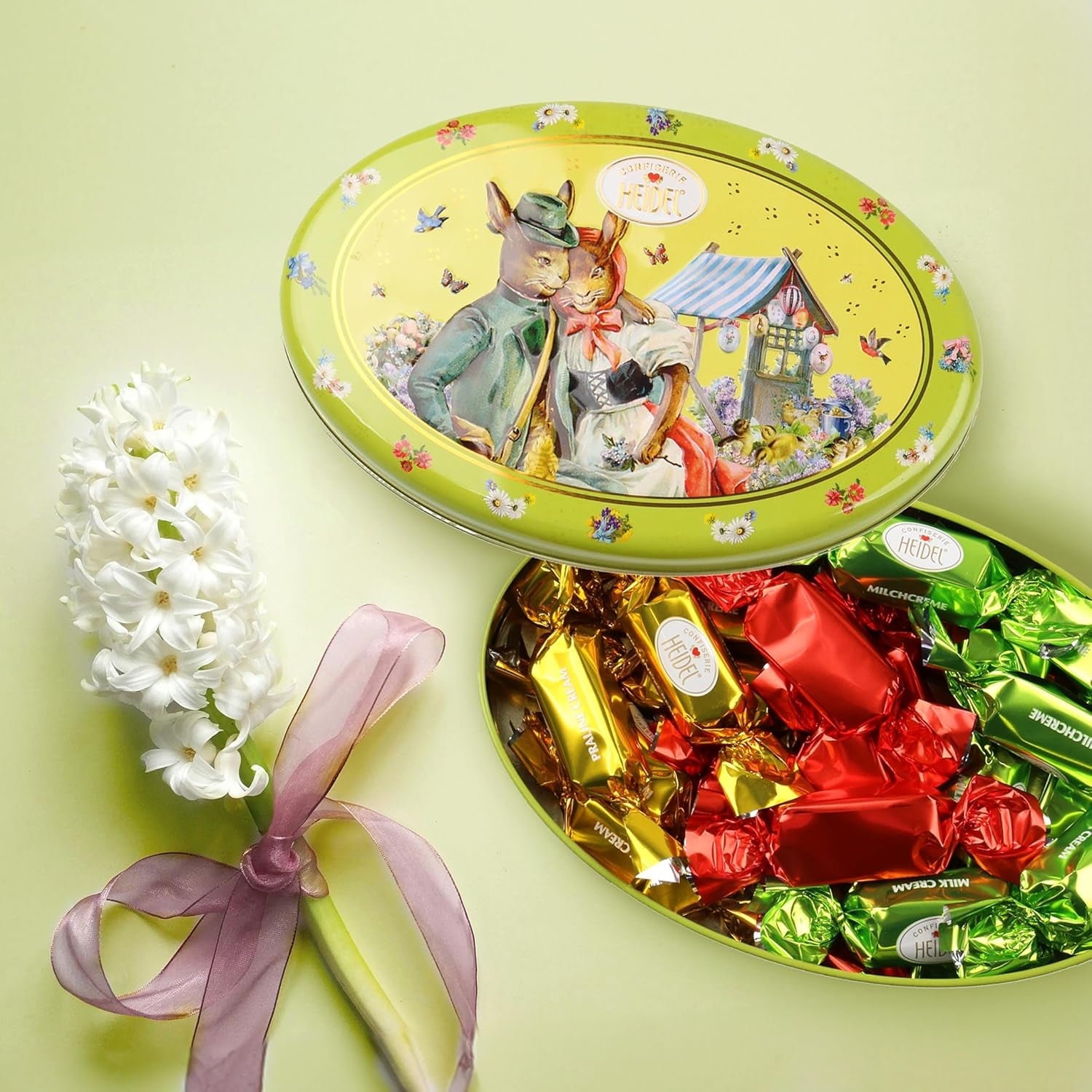 Coffret cadeau carte de Pâques Heidel 183g, praliné au chocolat au lait haut de gamme avec boîte en métal décorative, idéal comme cadeau de Pâques