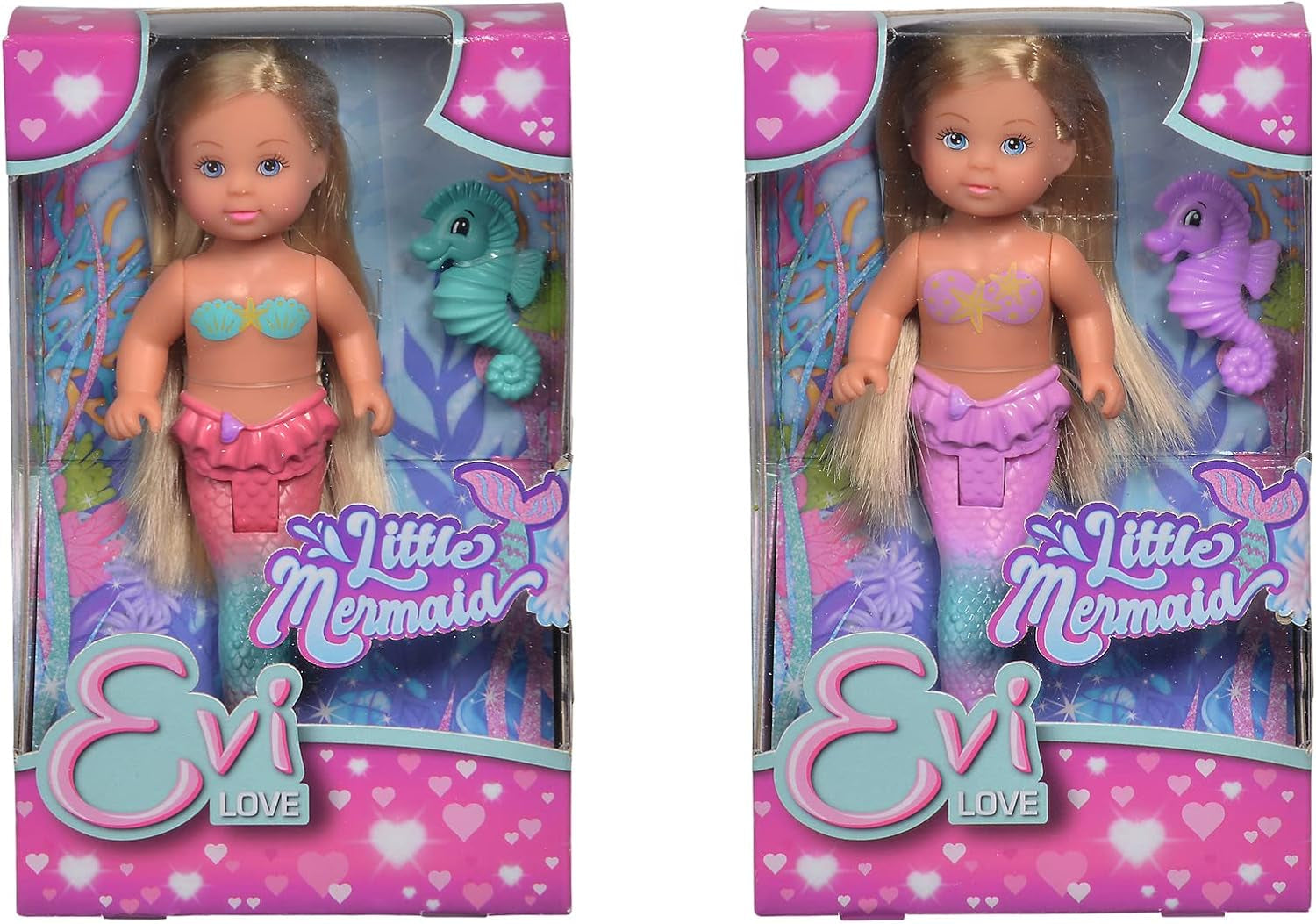 Simba 105733424 - Evi Love La Petite Sirène, 2 façons assorties, UN seul article sera livré, Evi en sirène, nageoire caudale mobile, avec hippocampe, poupée mannequin de 12 cm, à partir de 3 ans