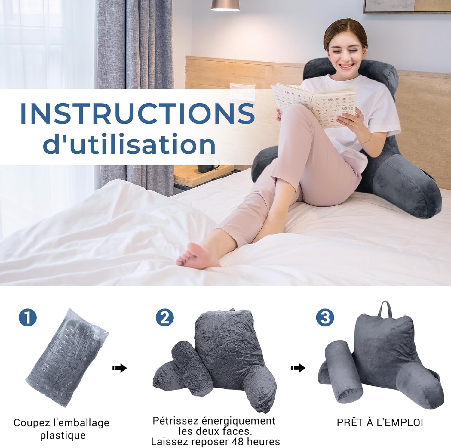 INFANZIA Oreiller de lecture ergonomique avec accoudoirs, dossier en mousse à mémoire de forme, gris, M