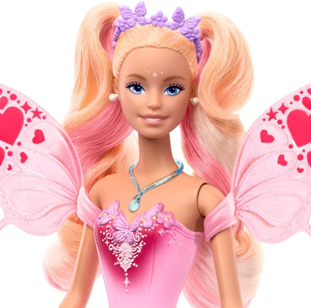 Mattel Poupée Barbie avec baguette magique et accessoires de mode, thème fantastique avec ailes et tenue changeante de couleur, JCP76, [multicolore]