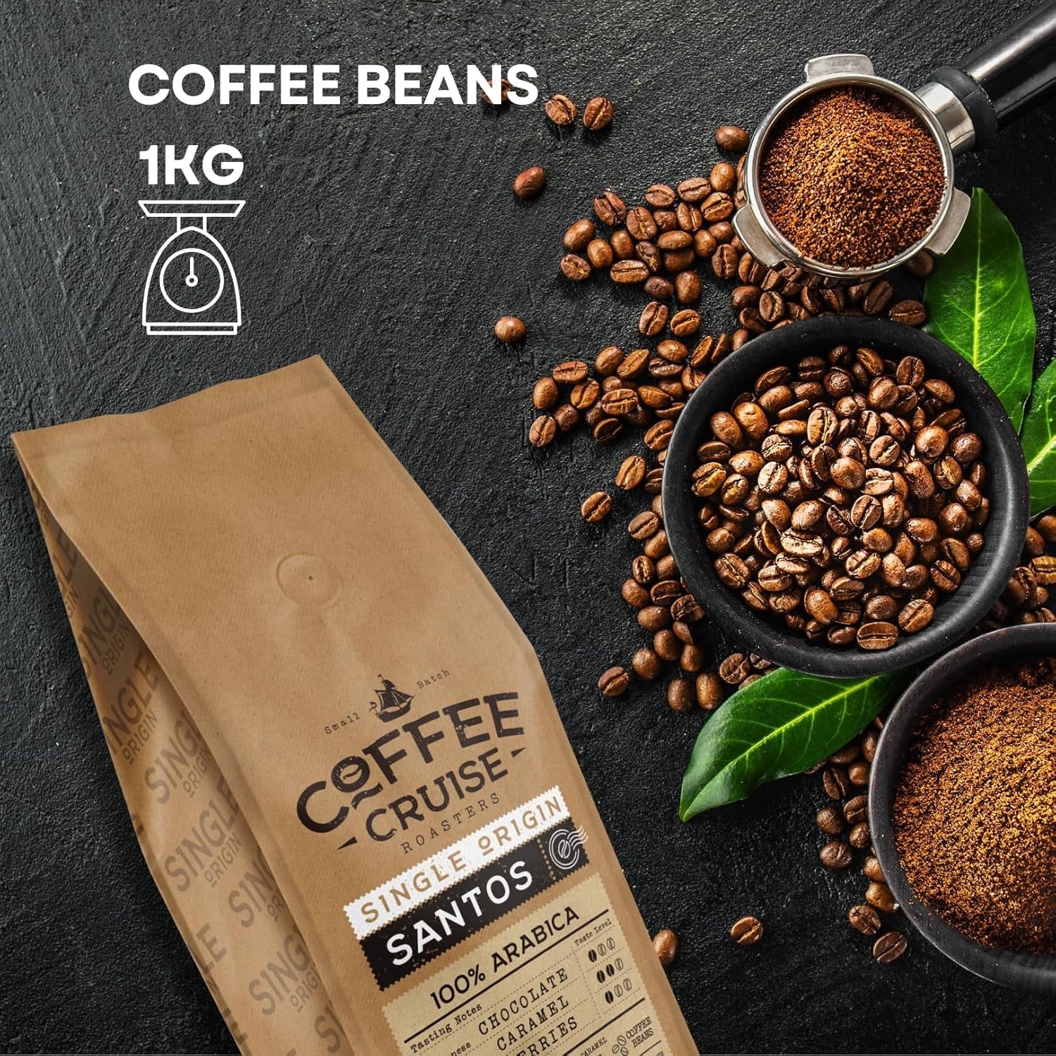 COFFEE CRUISE Santos Kaffeebohnen 1kg - Mittlere Röstung - Aroma Caramel - Pour toutes les machines à café - 100% arabe