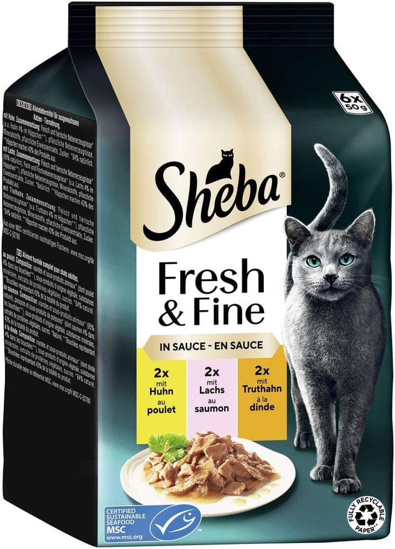 Sheba Portion Pouches Nourriture humide pour chats, multipack Fresh & Fine en sauce avec poulet et saumon MSC, 6x6x50g - Repas fins pour chats en sauce