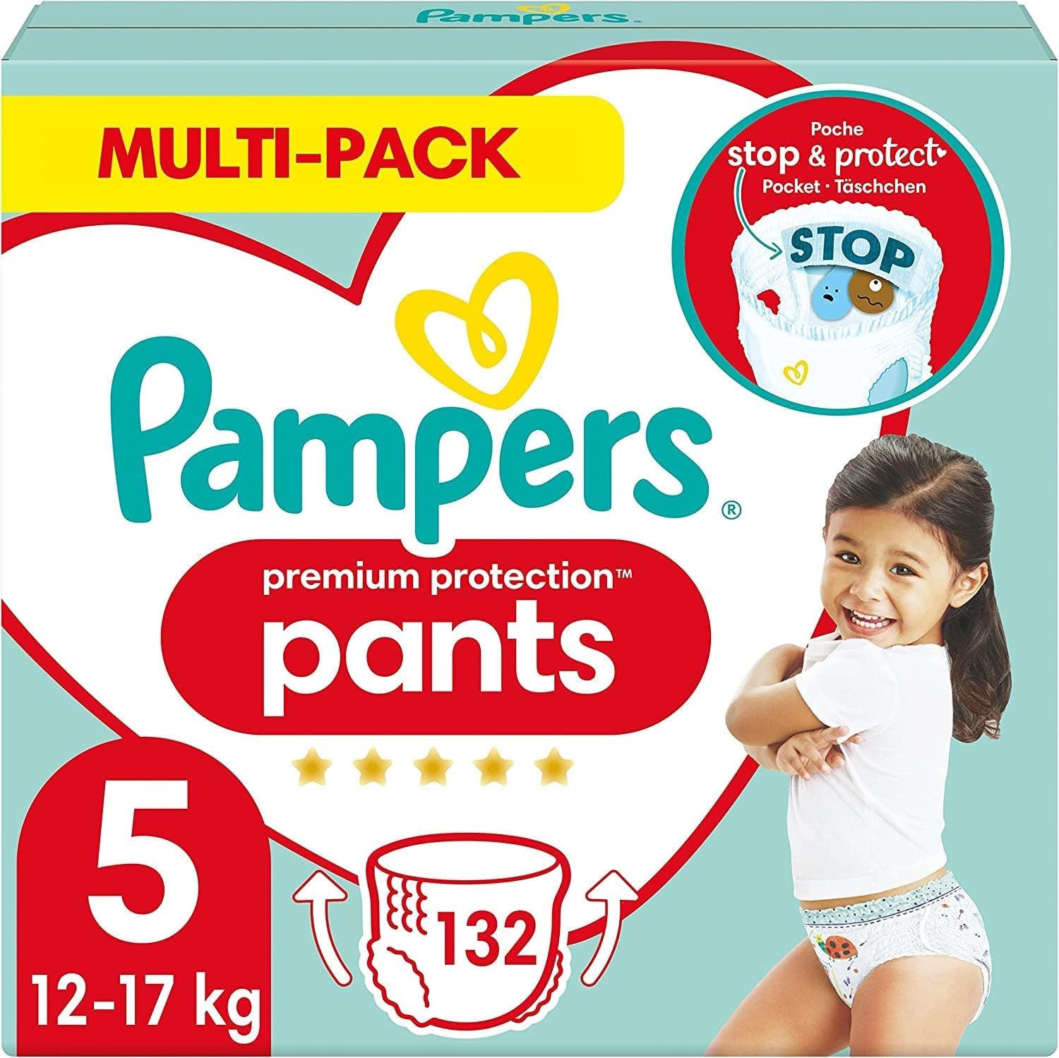 Pampers Premium Protection Pants taille 5, 144 couches, 11 kg - 17 kg, avec réglage à 360° et poignets anti-fuites souples pour un confort et une protection optimaux