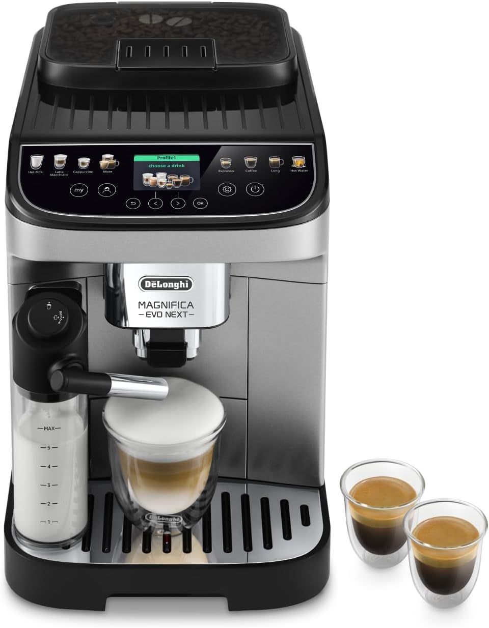 De'Longhi Magnifica Evo Next - Expresso entièrement automatique Perfetto avec mousseur à lait LatteCrema, 13 boissons à une touche, cafetière et cappuccino, écran tactile couleur, titane (ECAM312.80.TB)