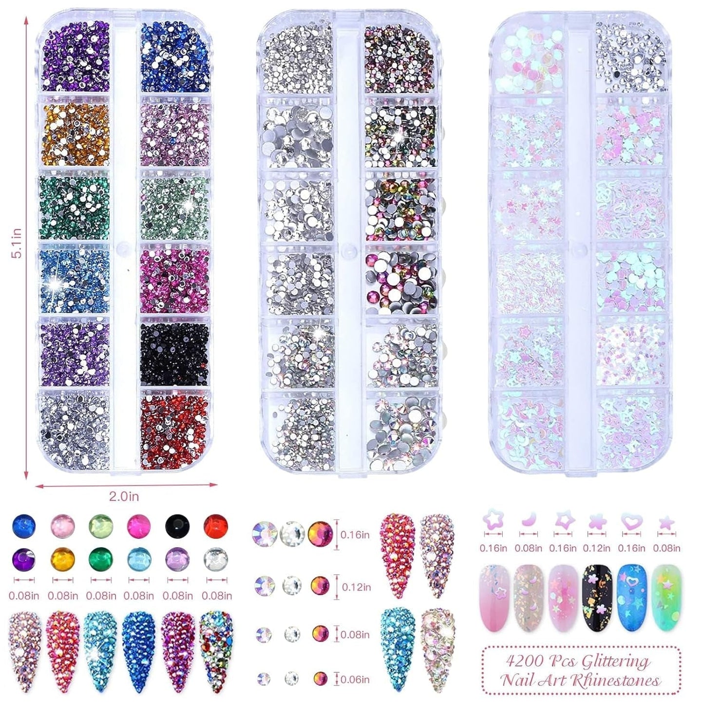 4200 pièces de pierres à strass pour les ongles, les paillettes, les paillettes, les colliers de strass avec les cristaux, les pierres à ongles, les diamants pour l'art des bijoux, un fond de teint unique pour les pierres à strass et les cueilleurs de strass