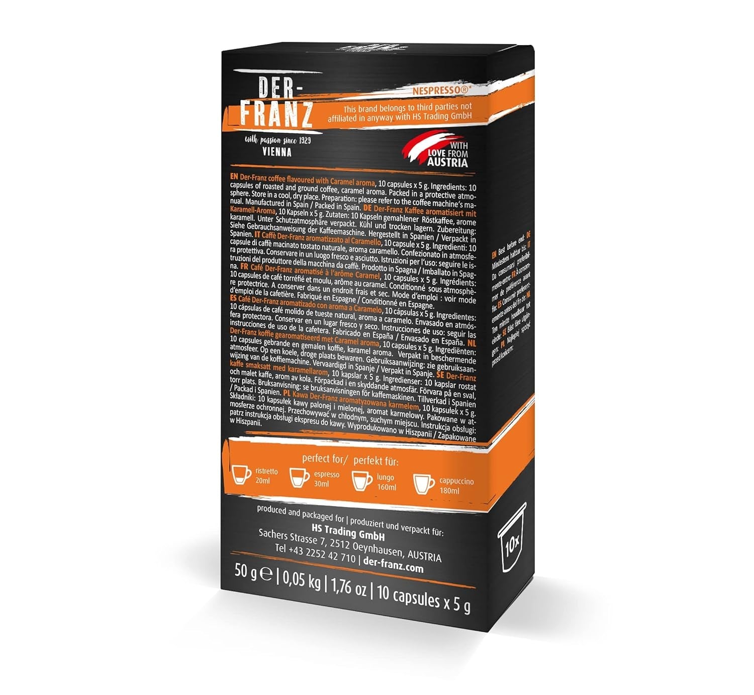 Capsules de café compatibles Nespresso Der-Franz, 6 x 10 capsules, arôme caramel, torréfaction moyenne