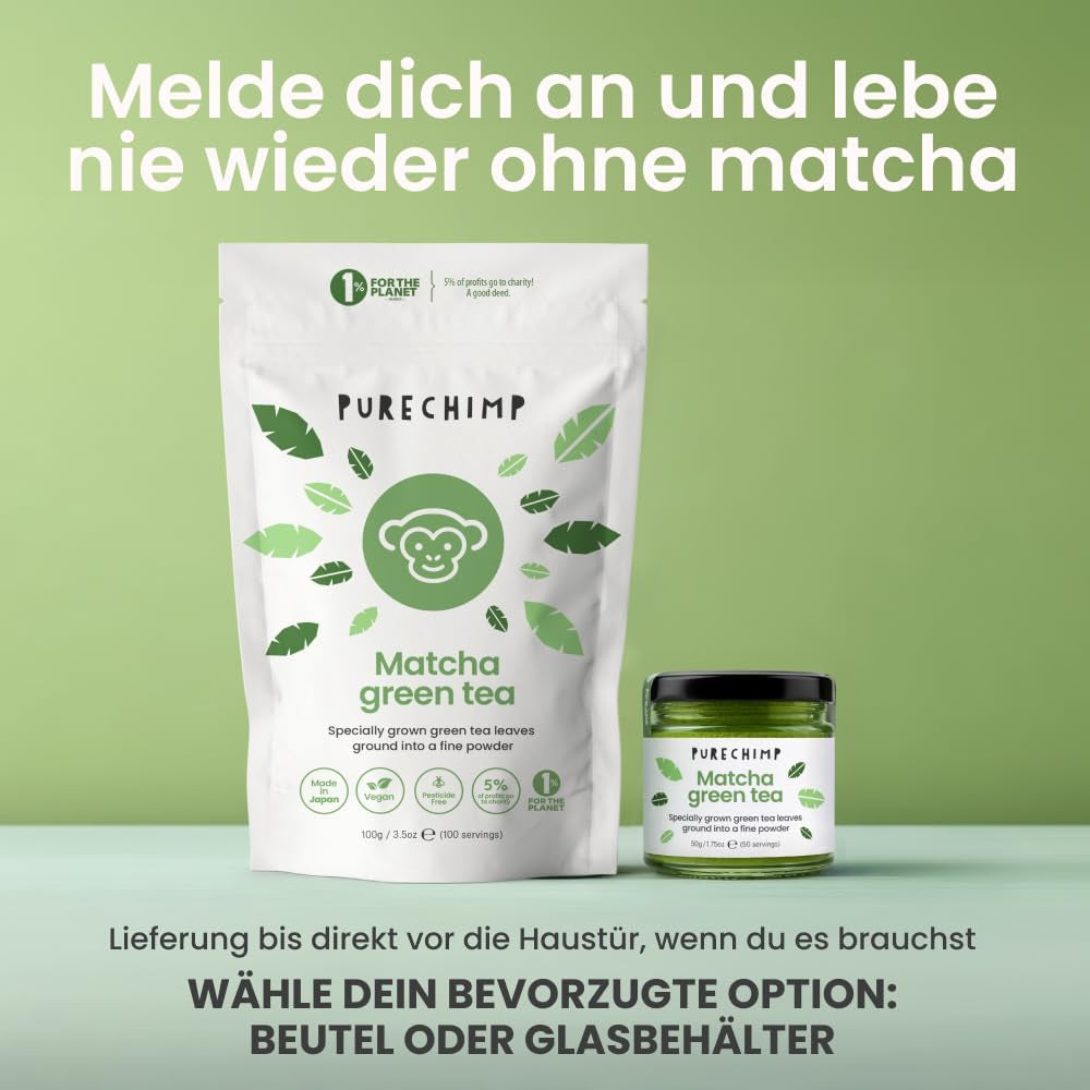 Poudre de matcha de qualité cérémonielle Purechimp 50 g. Poudre de thé 100 % pure cultivée à l'ombre pour les lattés, les infusions et les recettes. Pot recyclable. Riche en antioxydants.