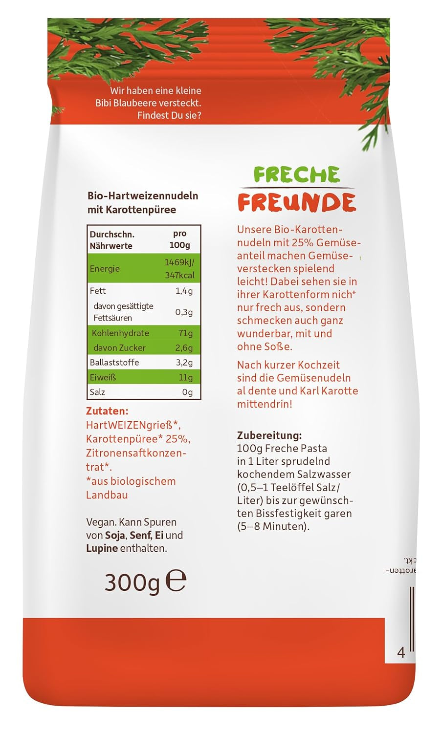 Freche Freunde Nouilles aux Légumes Bio 'Carotte' 25% de Contenu Végétalien Vegan 6 Pack (6 x 300g)