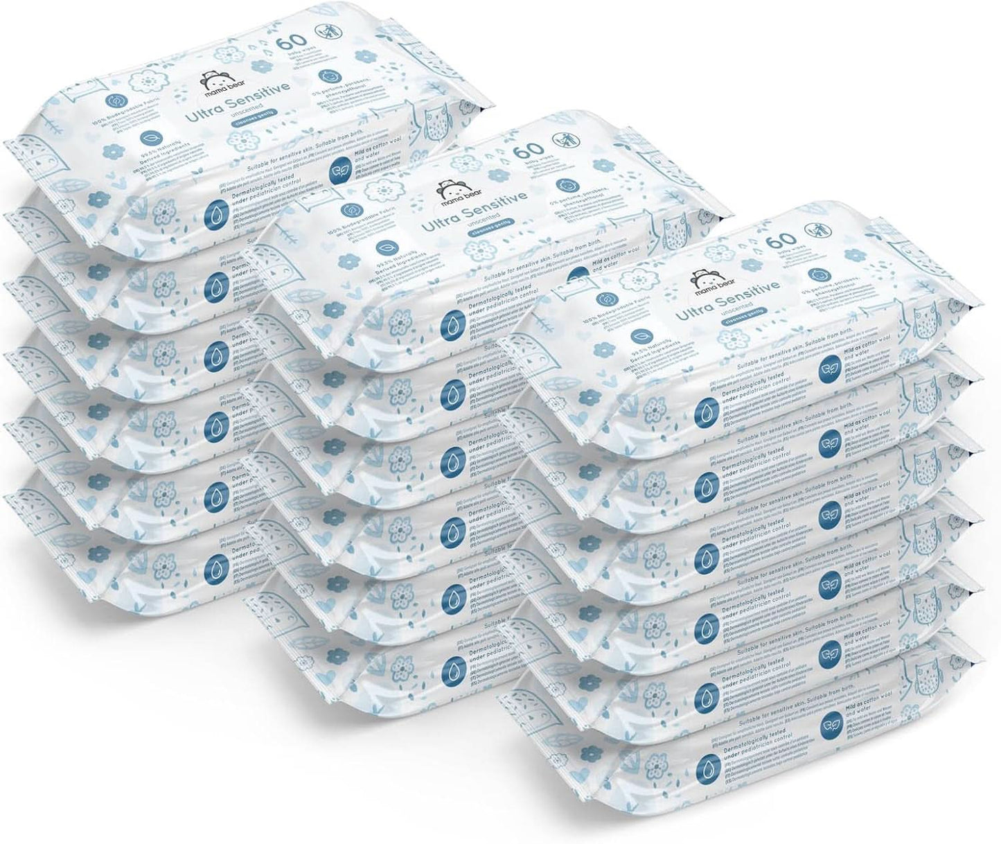 Mama Bear Lingettes ultra sensibles pour bébé sans parfum 1008 unités (18 paquets de 60) Naty Shop