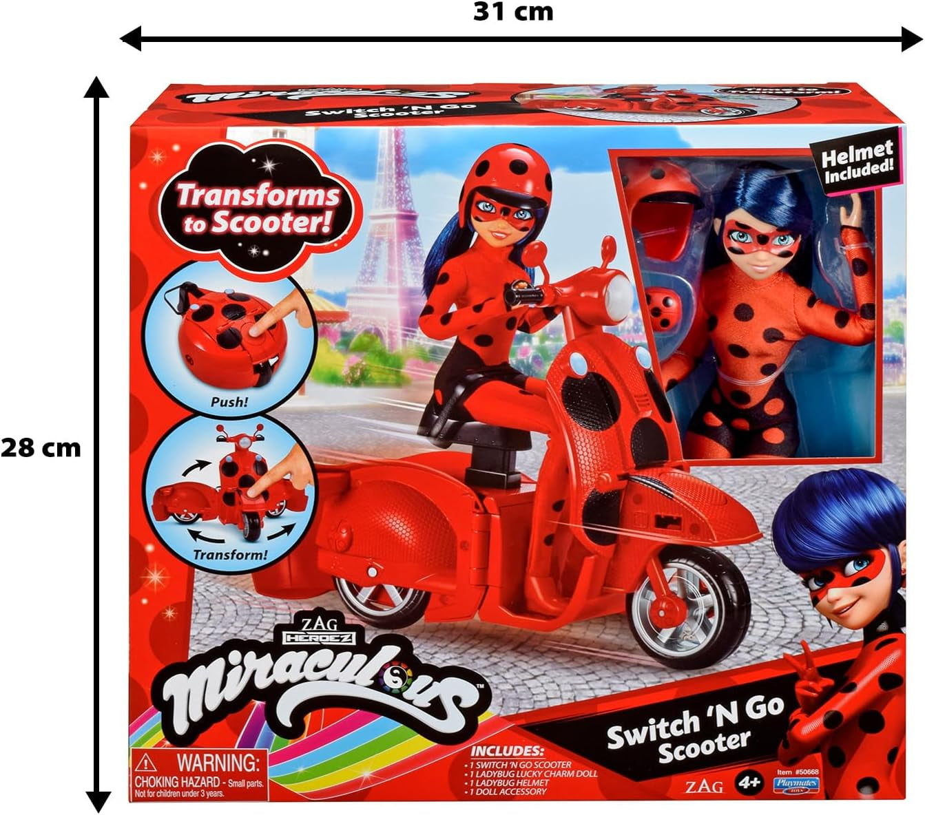 Bandai - Miraculous Ladybug - Trottinette Miraculous Switch'n Go + Poupée Articulée Ladybug Lucky Charm 26 cm - P50668