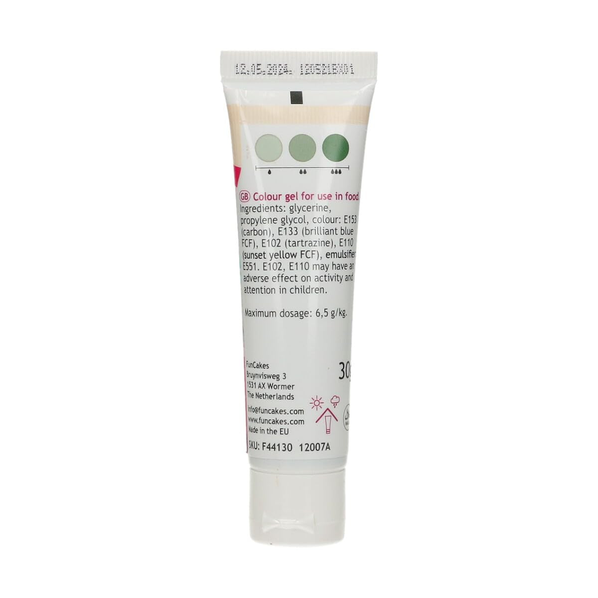 Colorant alimentaire Funcakes Feuille Verte : Colorant alimentaire très concentré pour pâte, crème, fondant et pâte d'amande. Dosage facile. Une seule goutte pour créer des couleurs vibrantes. Halal. 30g.