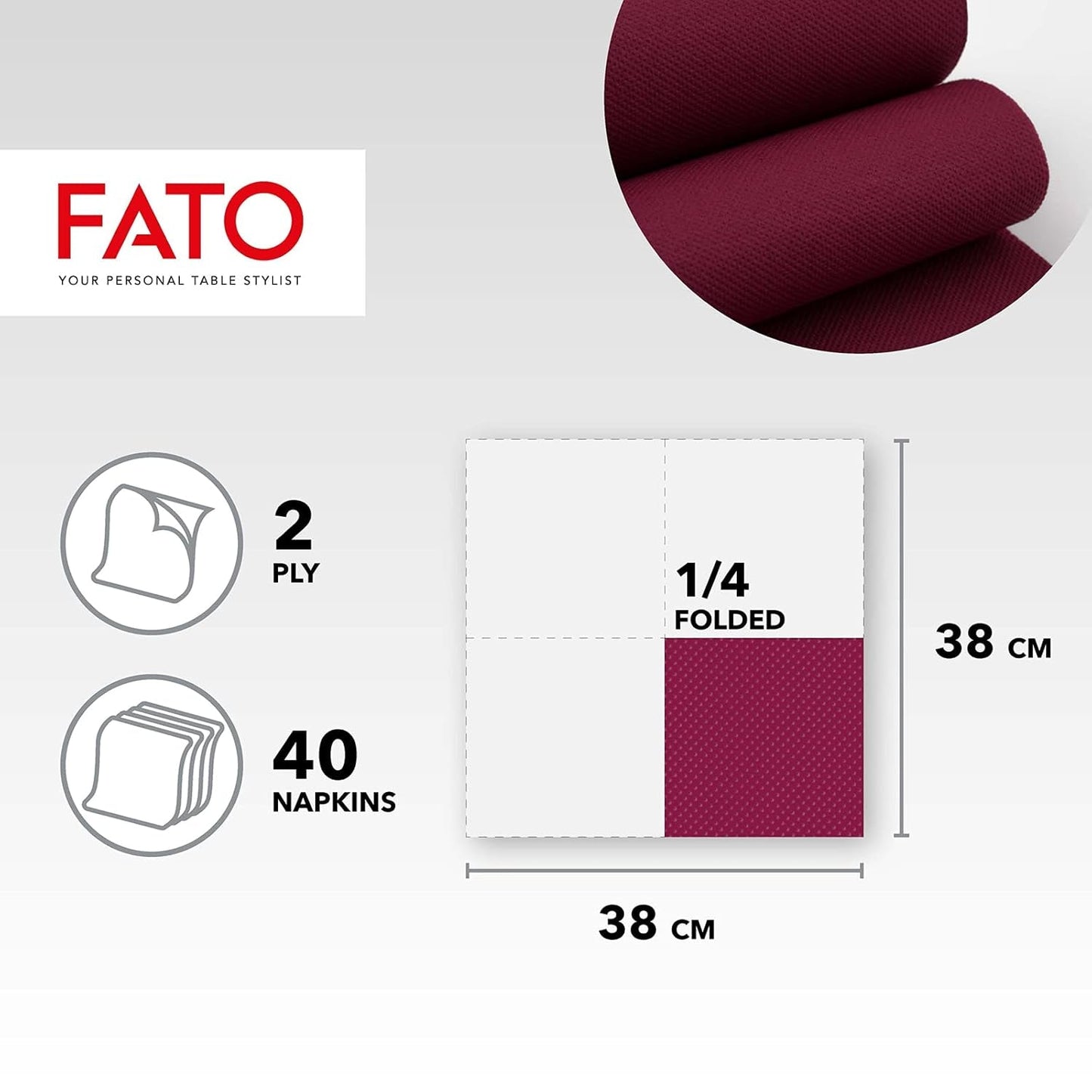 - Papier de soie jetable douceur et douceur, paquet de 40, format 38x38, 4 plis, 2 épaisseurs, couleur bordeaux, papier 100% pure cellulose certifié Fsc (paquet de 3)