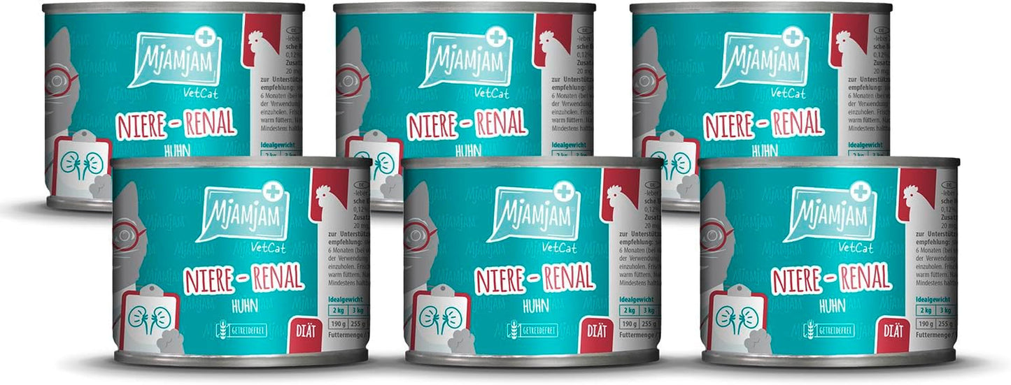 MjAMjAM VetCat - Nourriture humide premium pour chats - Régime - Reins - Poulet, paquet de 6 (6 x 200g), sans céréales
