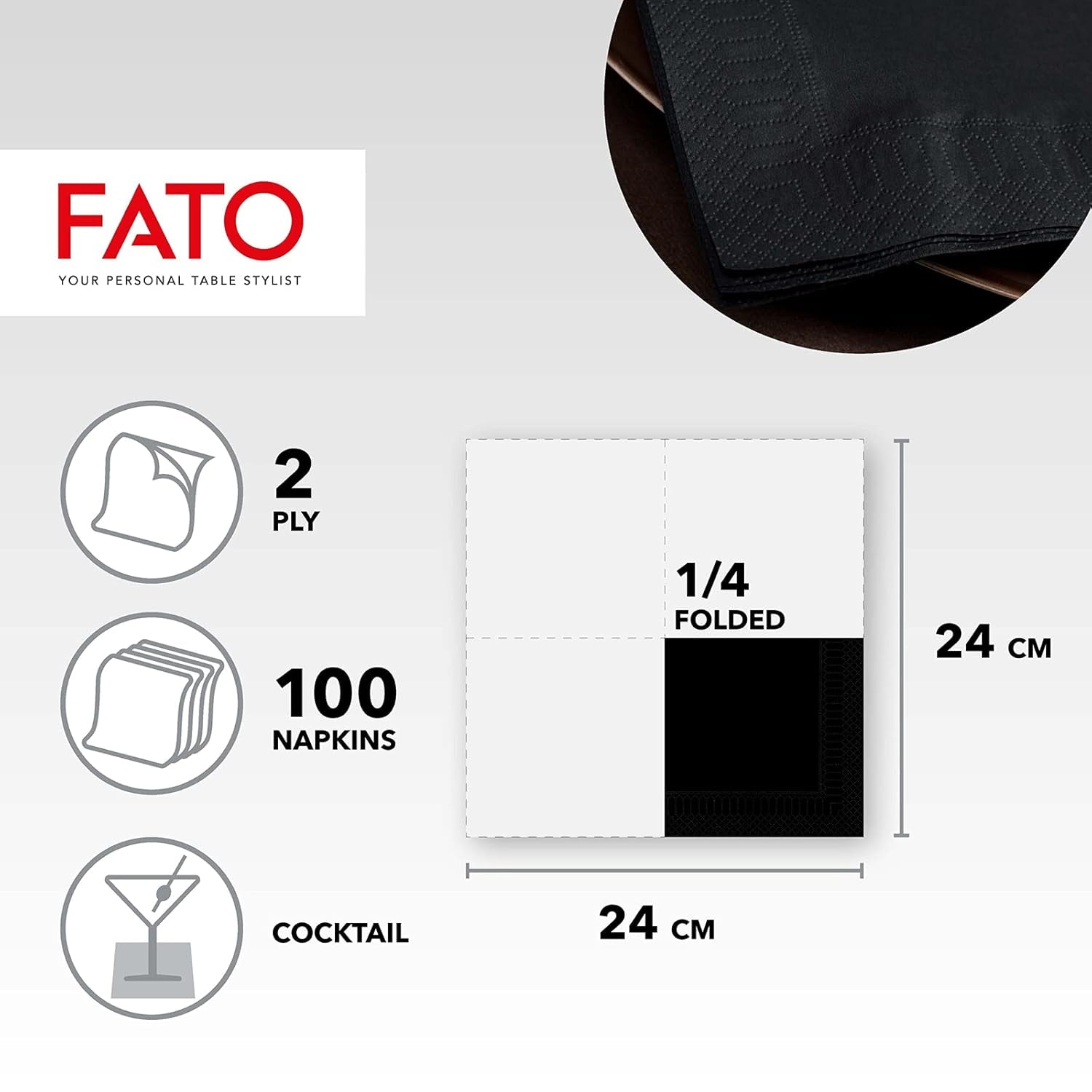 - Serviettes en papier jetables, idéales pour l'apéritif et les cocktails, paquet de 100 serviettes, format 24X24, 4 plis, 2 épaisseurs, coloris noir, papier 100% pure cellulose, certifié Fsc